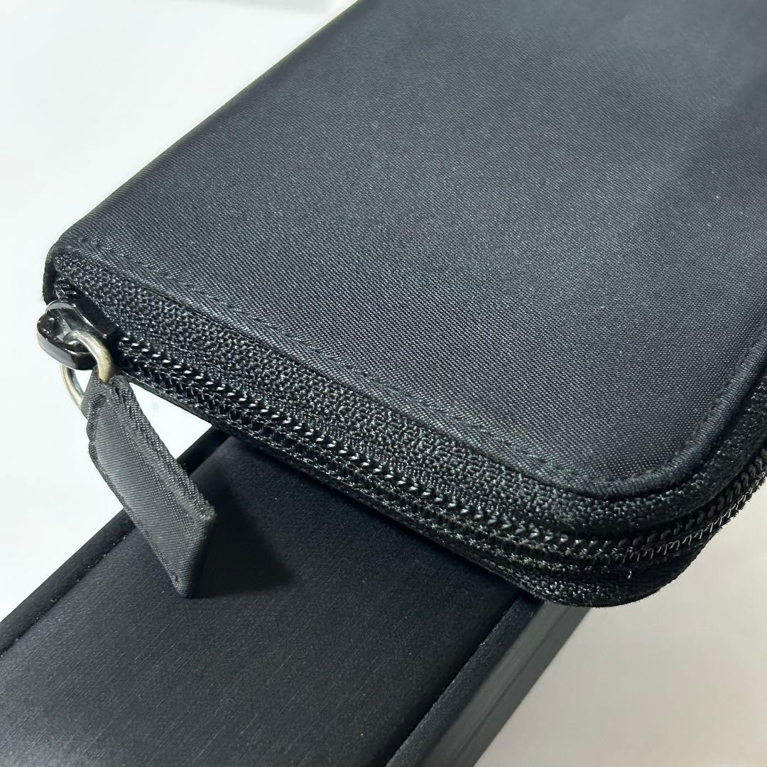 PRADA Nylon Round Zip Triangle Plate Long Wallet Black