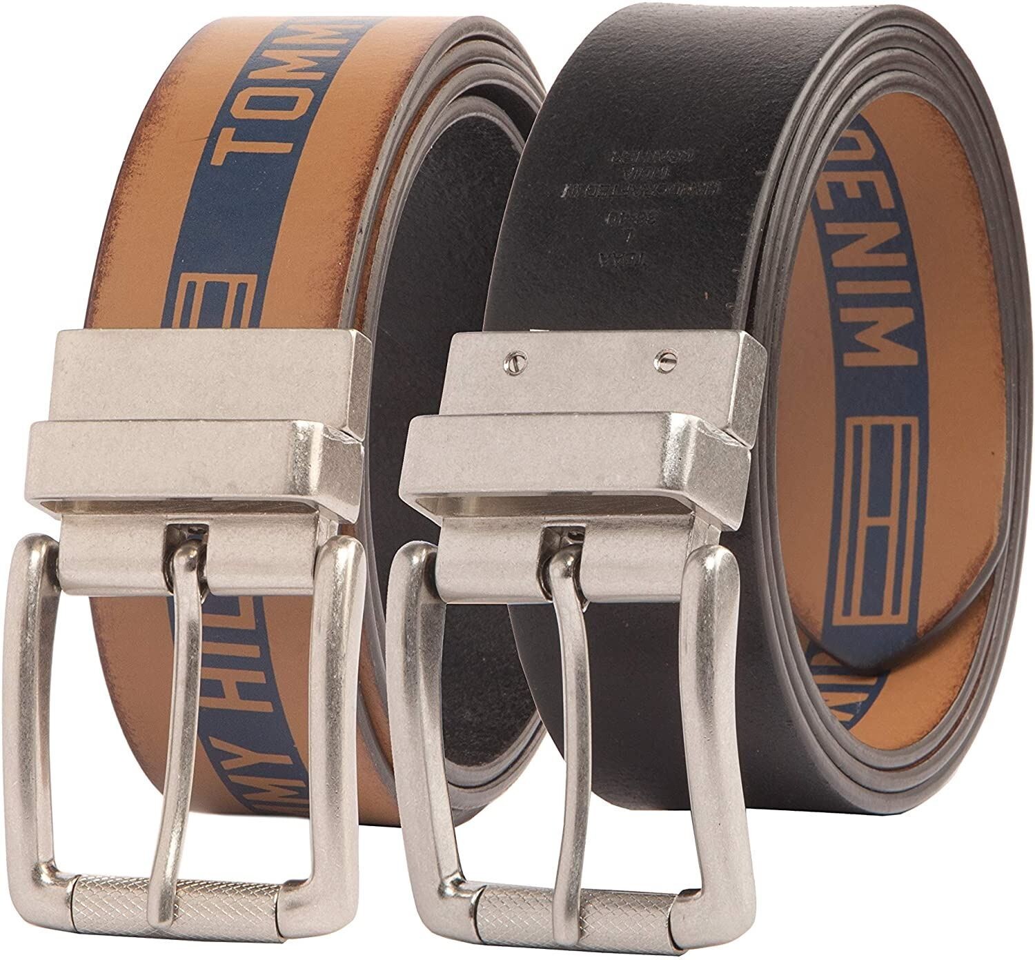 Tommy Hilfiger Men’s 1.49 in Wide Reversible Belt with Denim Logo Tan Blue, S