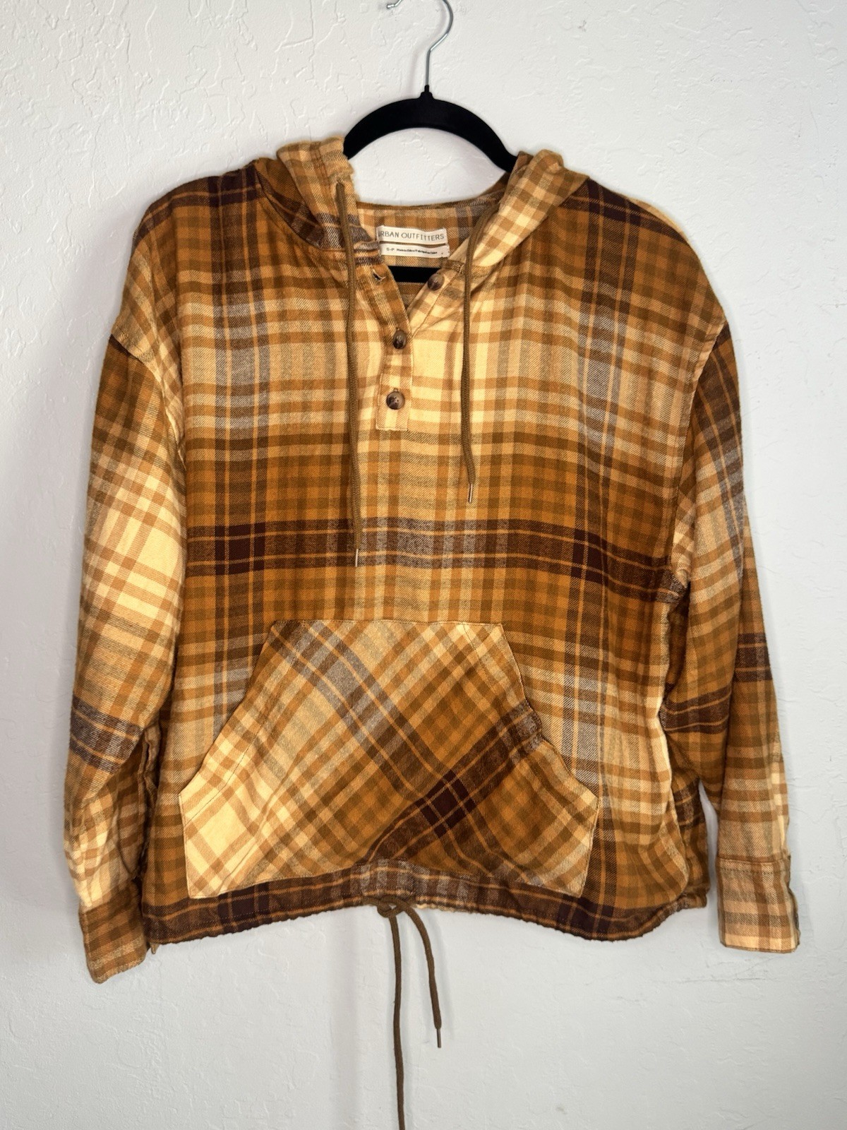 Urban Outfitters Women’s Brown Beige Plaid Flannel Henley Hoodie Pullover S