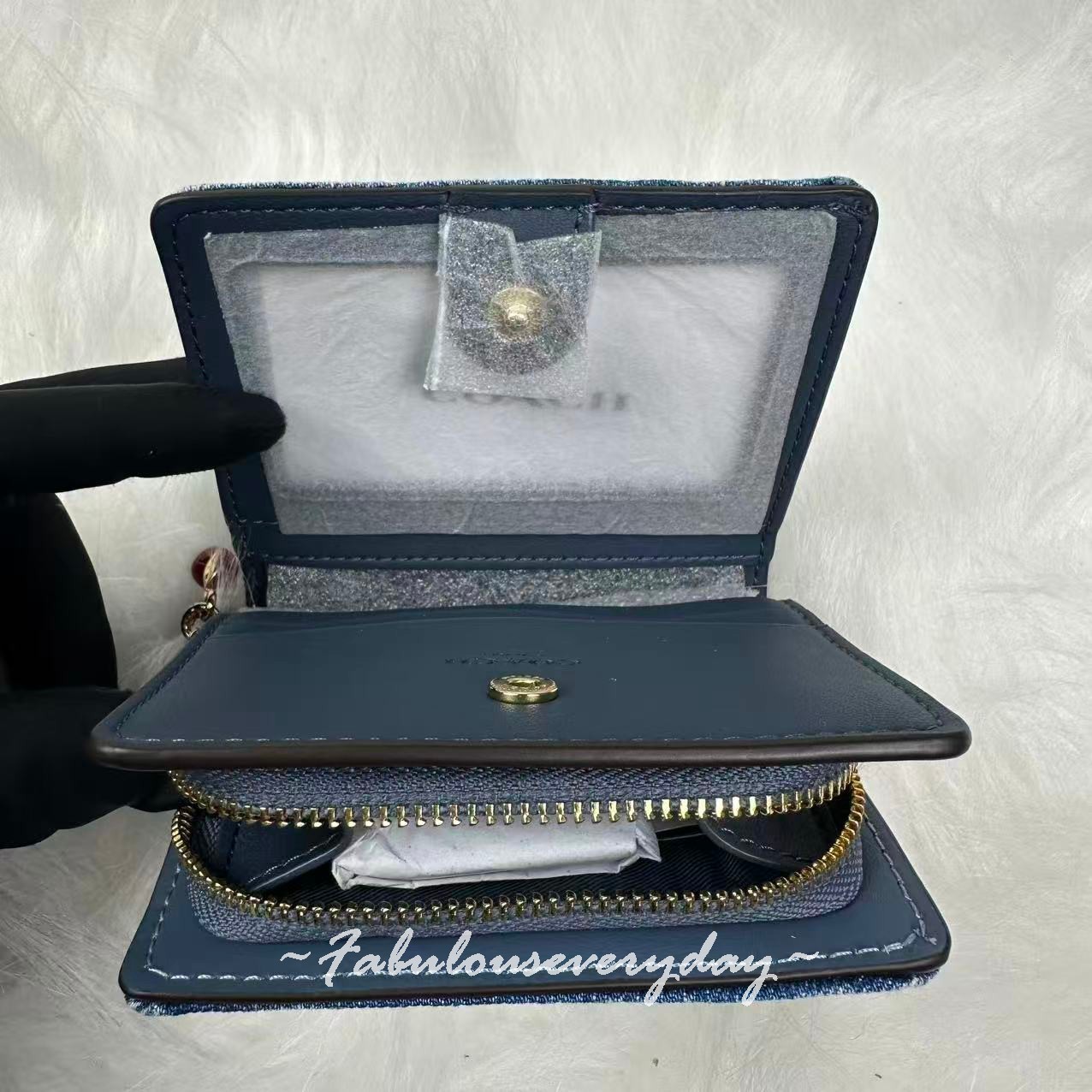Coach Snap Wallet in Loved Denim with Cherry Charm Gold/Light Indigo CEC35 NWT