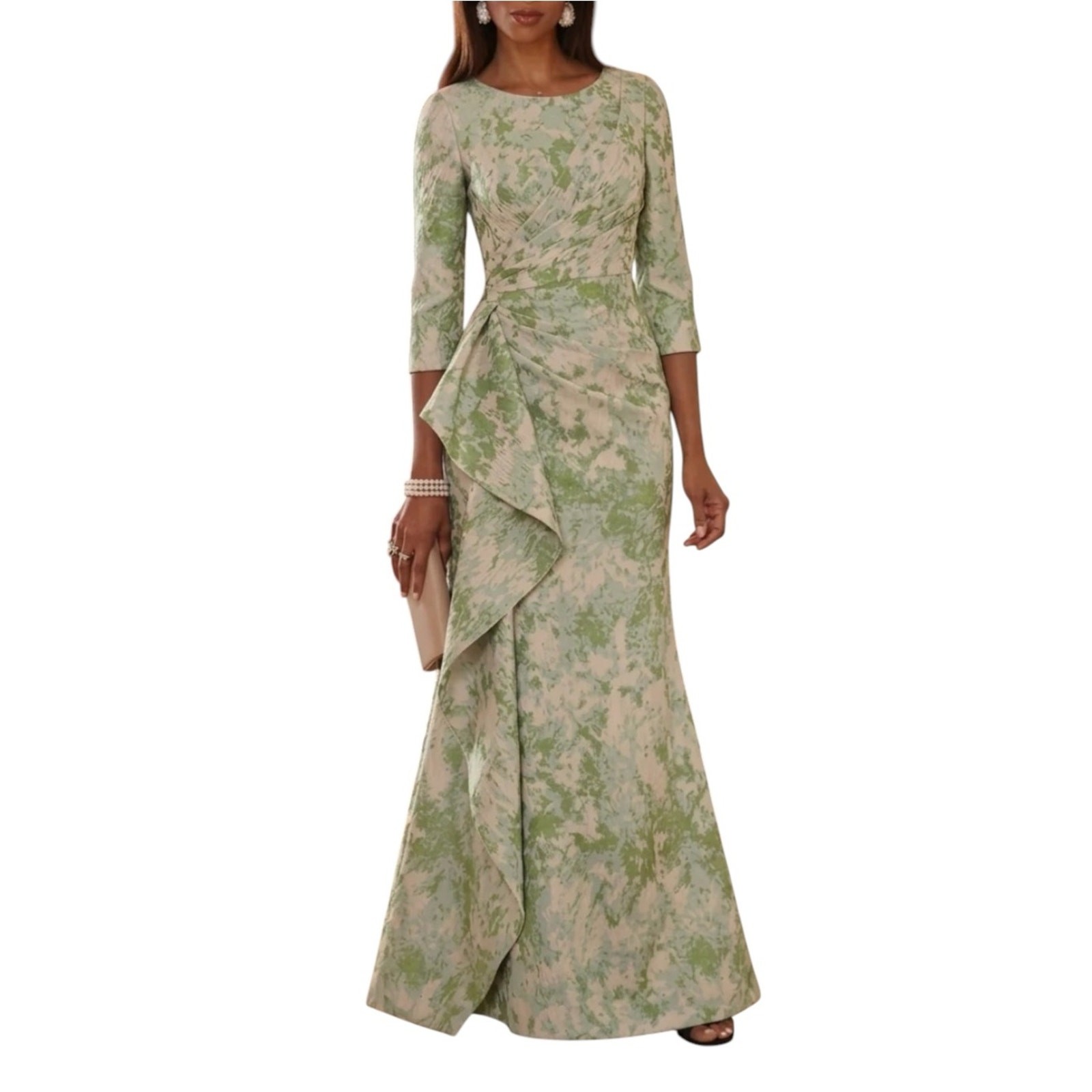 NWT Elegant Mother of the Bride Jacquard 3/4 Sleeve Formal Evening Gown Green 4