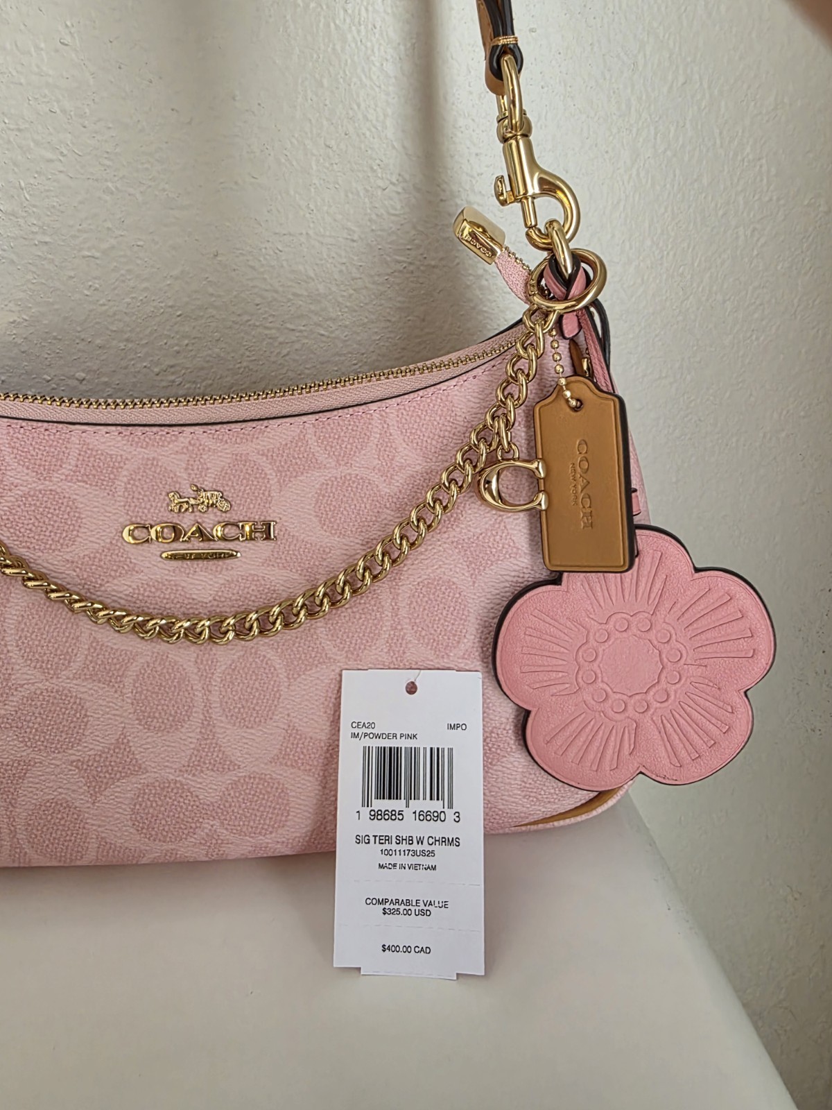 NWT Coach Gold Powder Pink Teri Shoulder Bag Signature with Charms CEA20