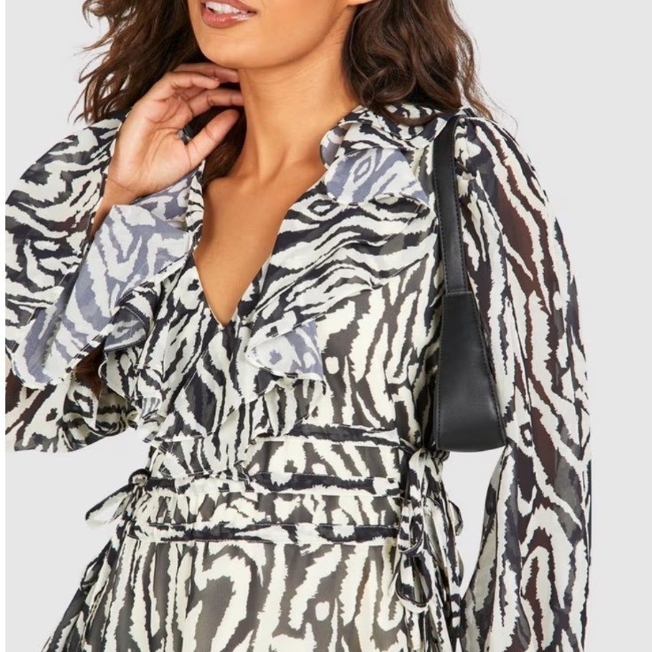 Boohoo Zebra Print Ruffle Mini Dress Long Sleeve Tie Waist Party Going Out US 14
