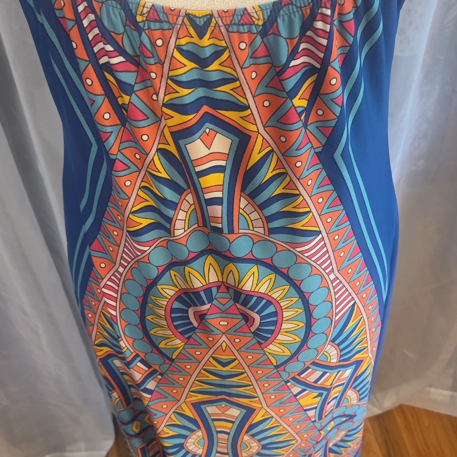 Womens Multicolor Blue Geometric Graphic Print Sleeveless Round Neck Maxi Dress