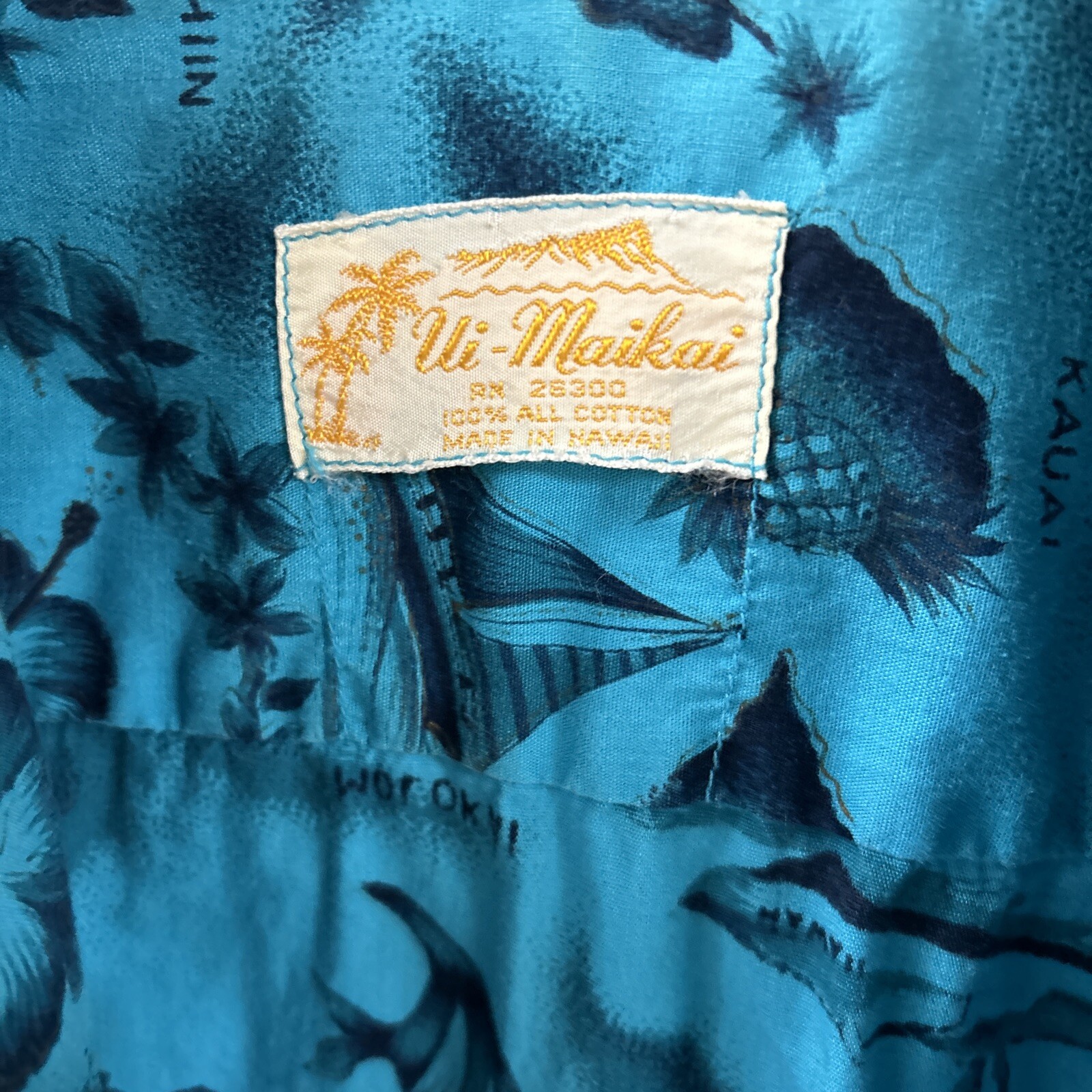 Vintage UI-MAIKAI Hawaiian Shirt Mens Large Blue Island Map Compass Floral 60s
