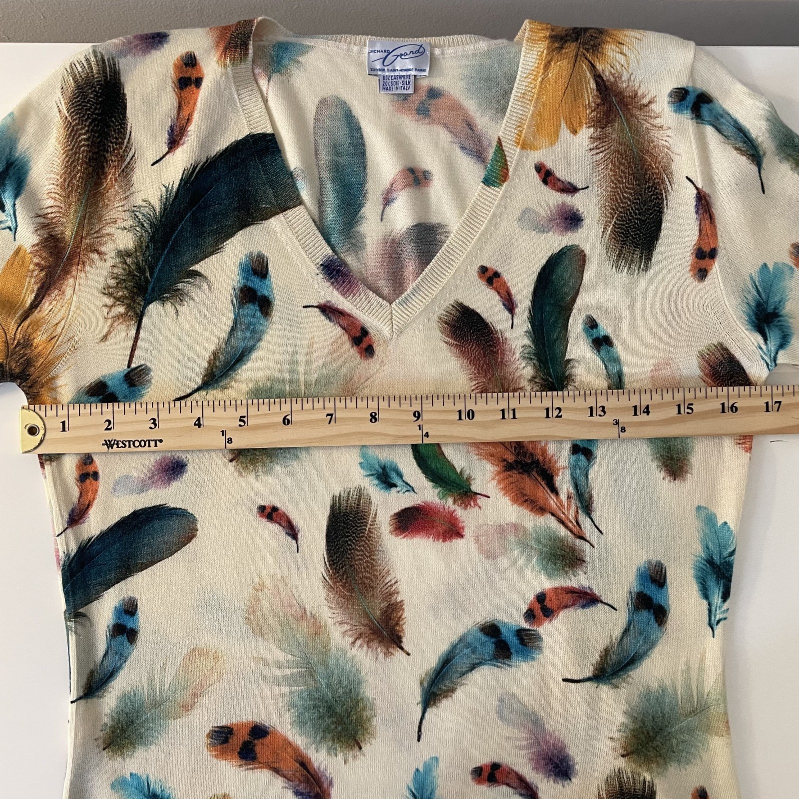Richard Grand Cashmere Silk Feather Printed Knit Sweater Size S Novelty Luxury