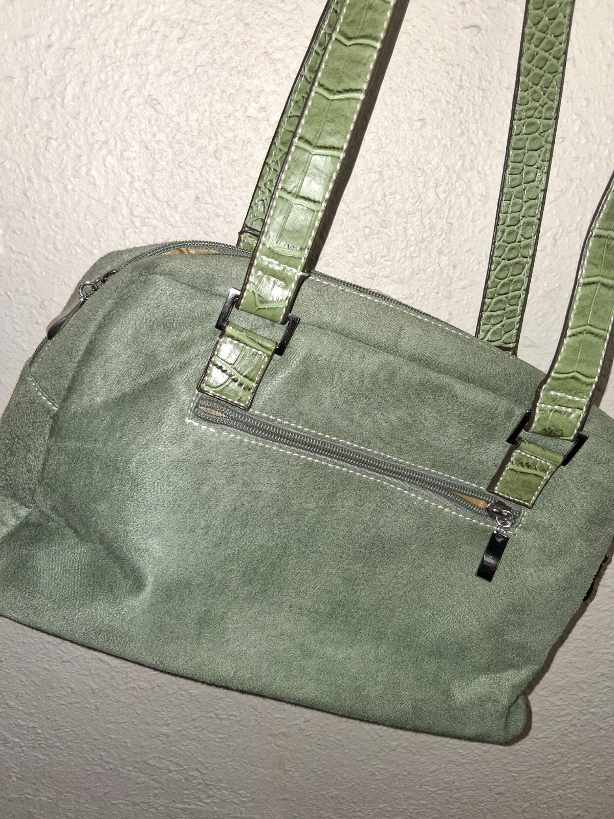 Green Suede Shoulder Bag Buckle Accent Zipper Closure Inner Pockets Classic