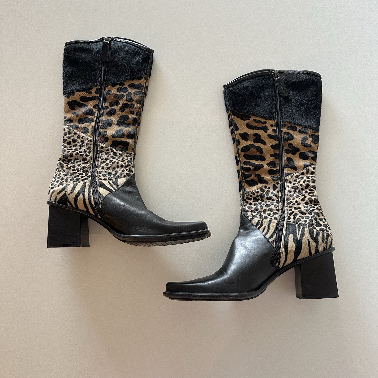 Vintage Y2K Sergio Rossi Patchwork Pony Hair Leather Tall Boots 38.5 Leopard