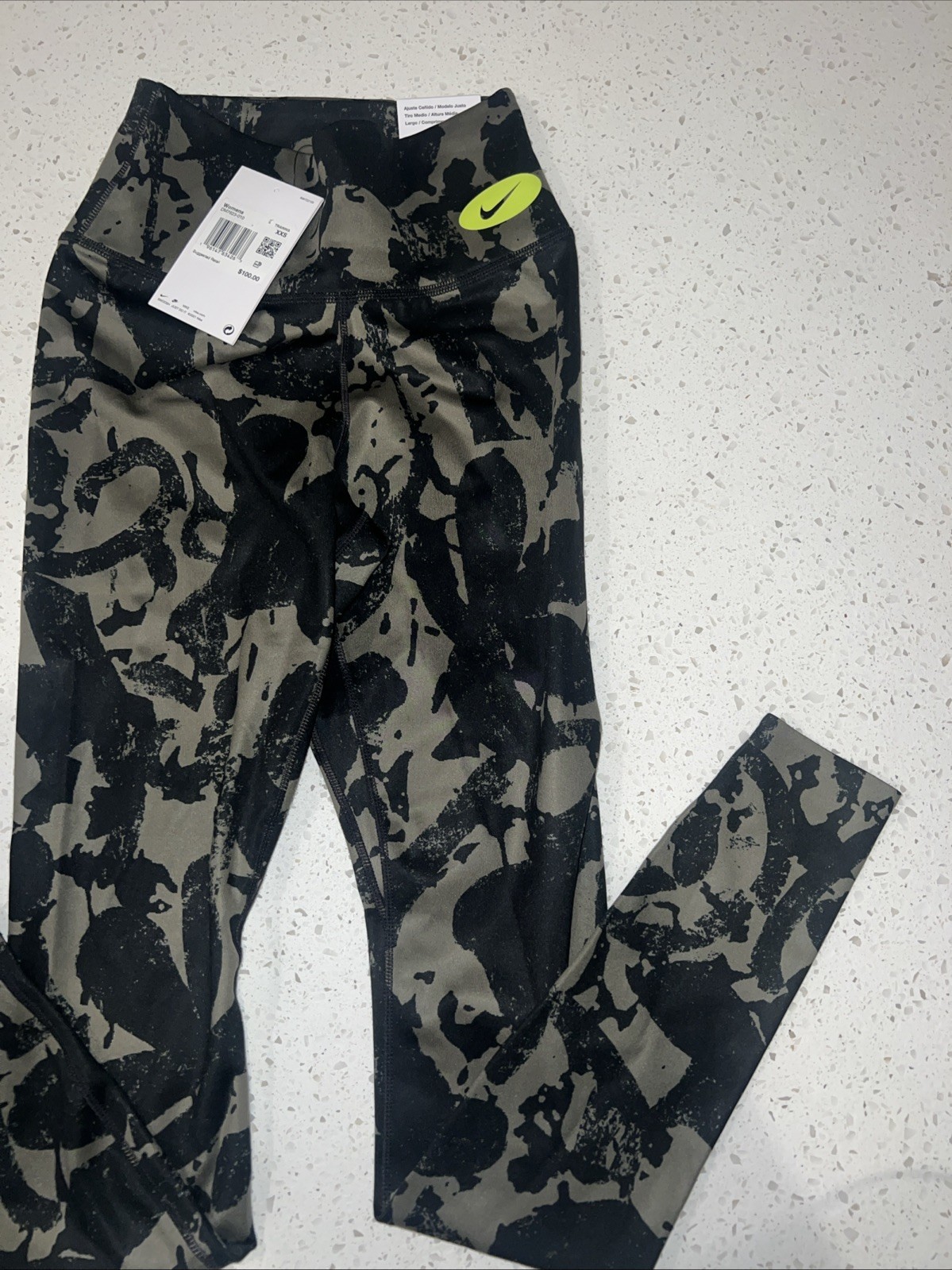 NIKE Khaki Green Black One Luxe Icon Clash Dri-Fit Mid Rise Active Leggings XXS