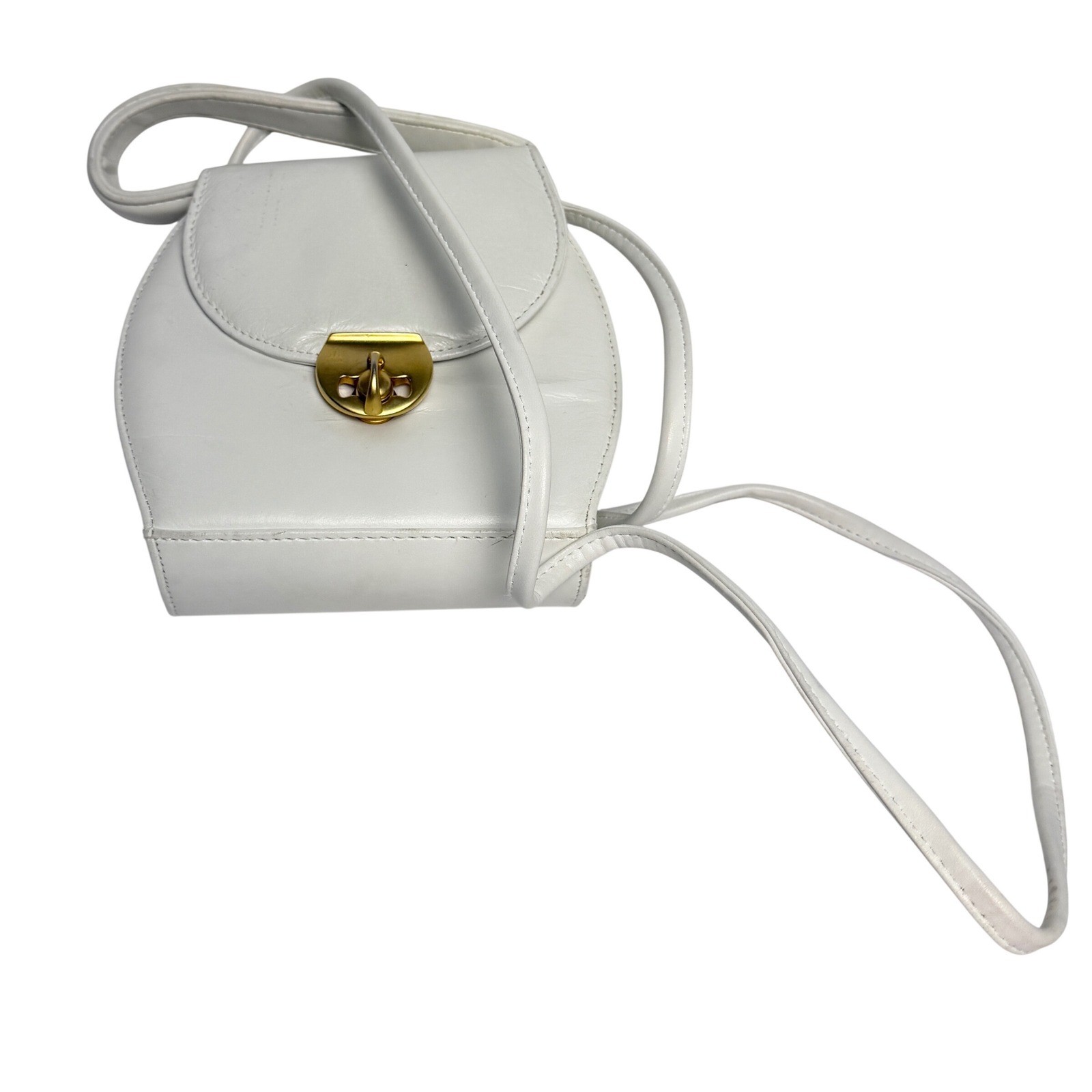 Diamicci White Leather Mini Handbag Gold Turn Lock Mirror Accent