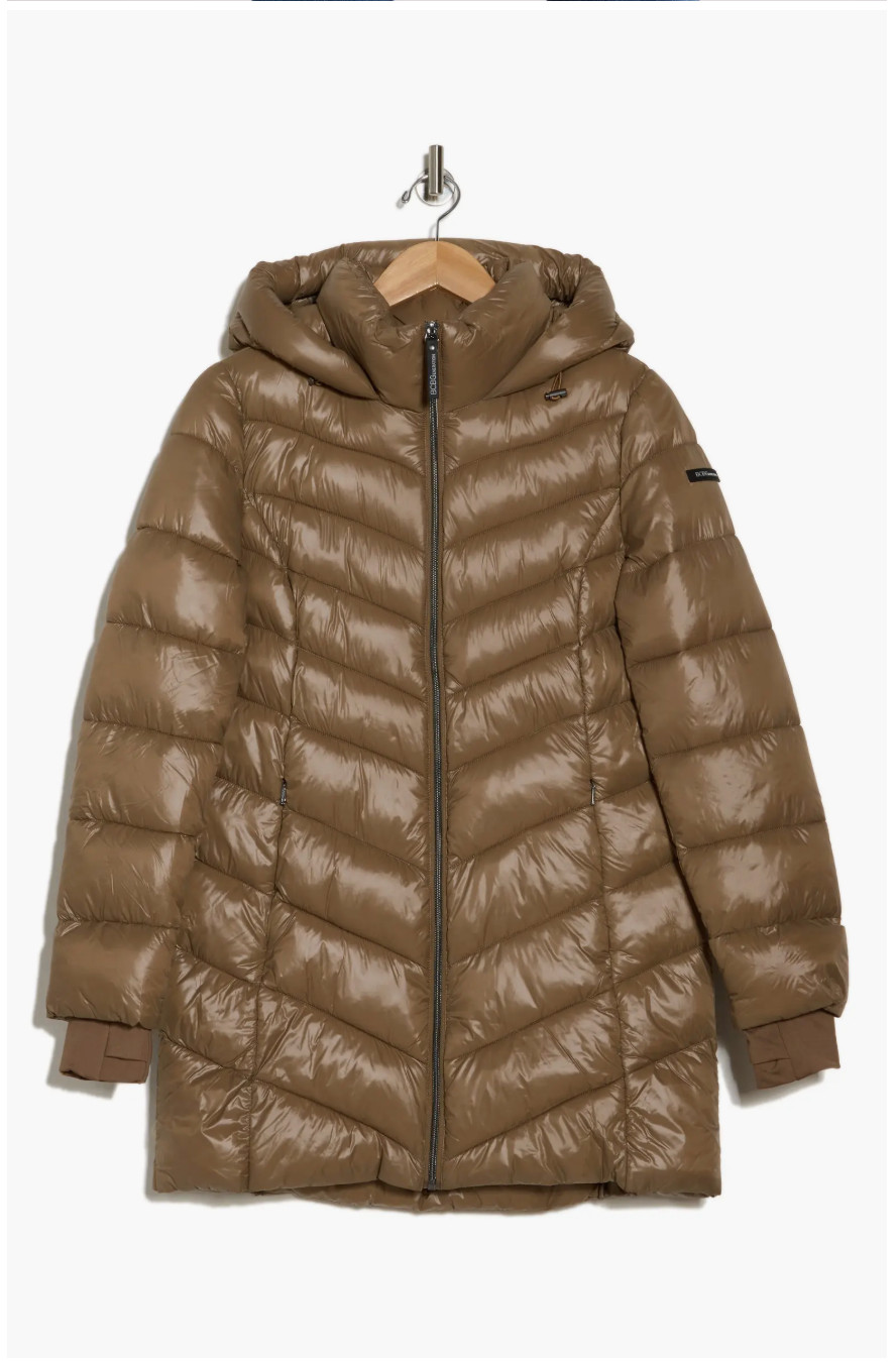 NWT BCBGENERATION Womens Hood Chevron Quilted Packable Puffer Coat Caramel L