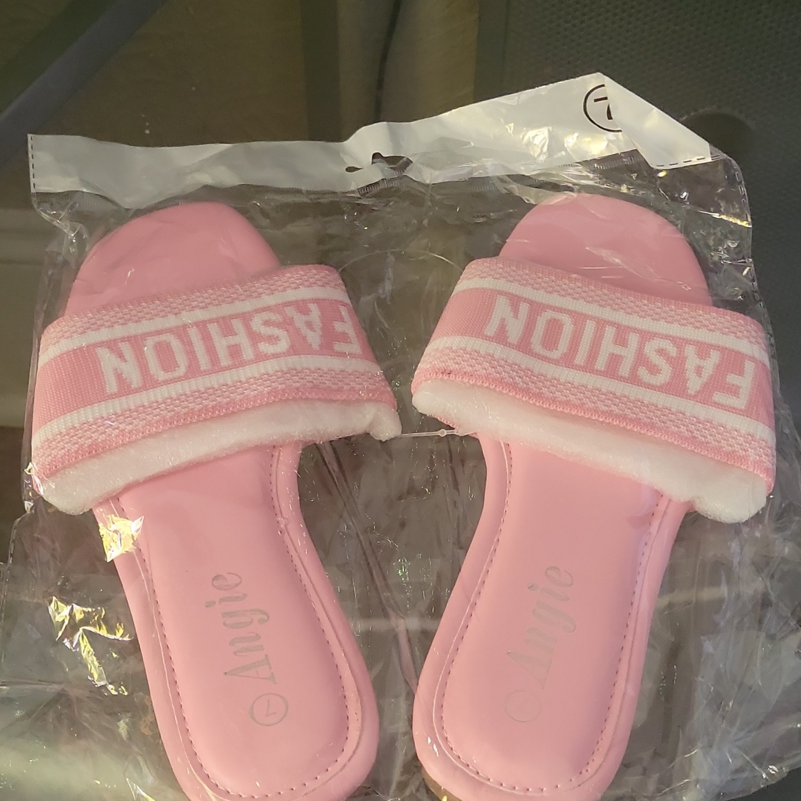 Angie Women’s Pink Slip-On Slide Sandals with Logo Strap, Casual, Size 7