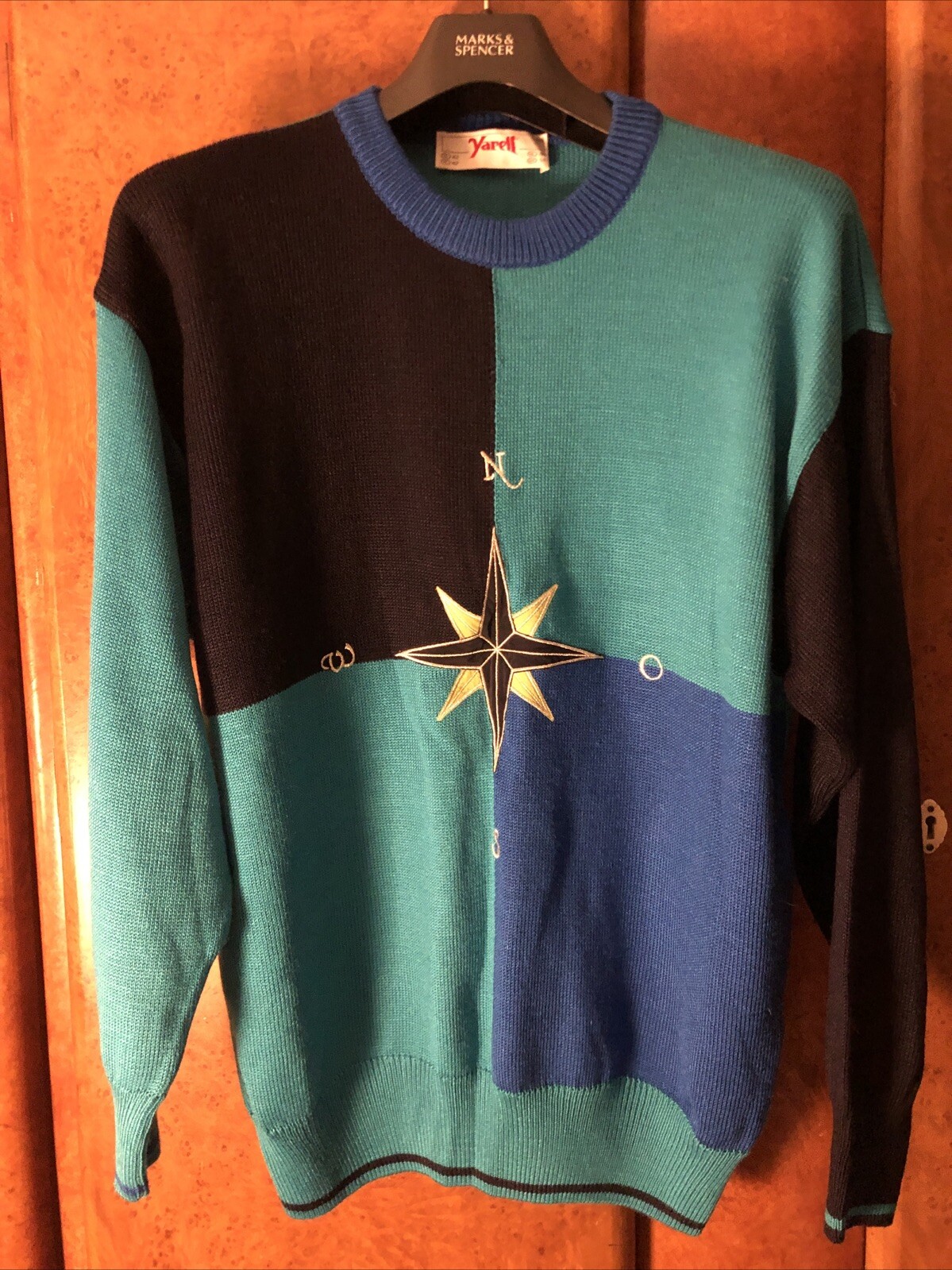 VINTAGE YARELL GREEN/BLUE/BLACK KNITTED JUMPER – SIZE 14 NEW WITHOUT TAGS