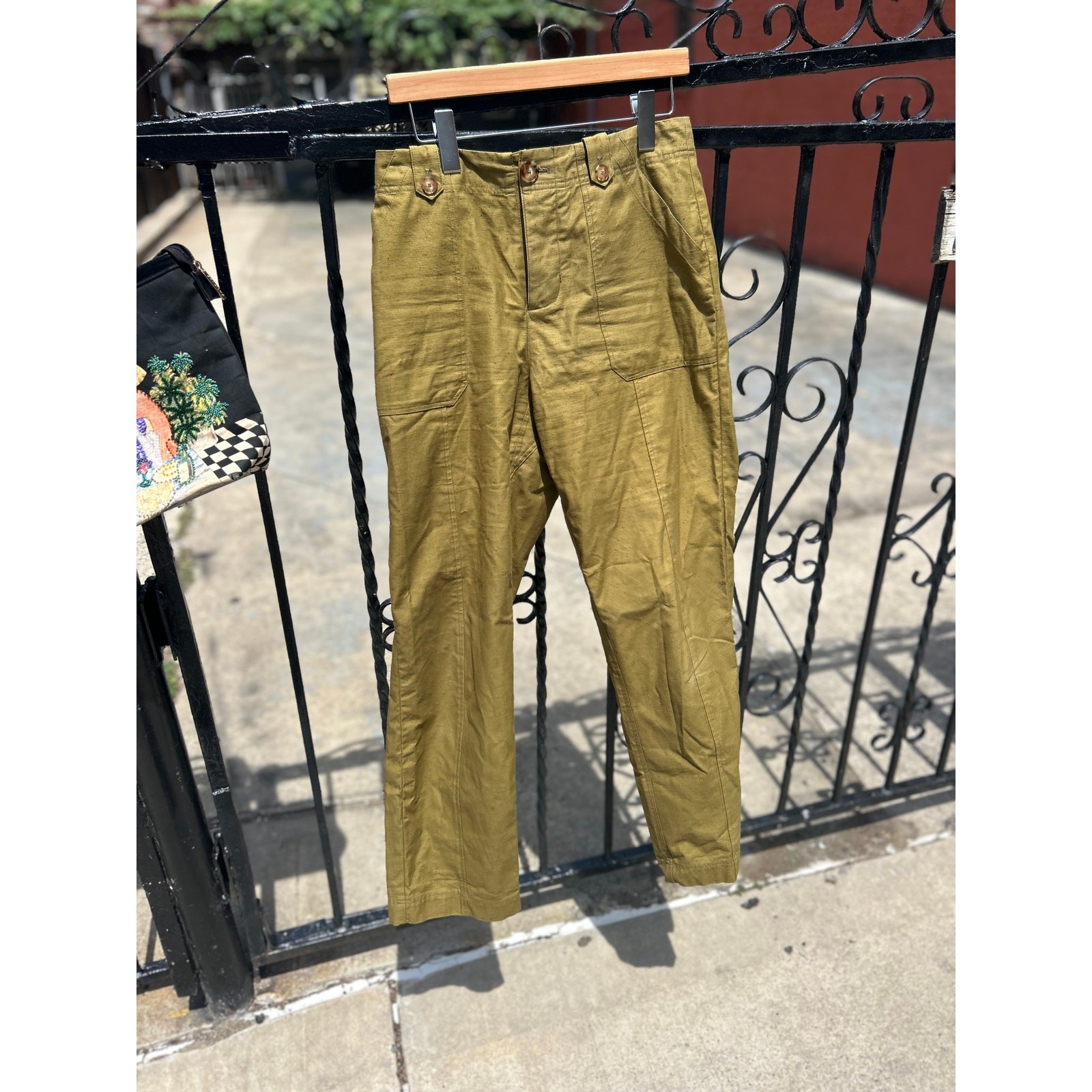 Sézane Romain Straight-Leg Textured Trousers in Khaki (Olive Green)