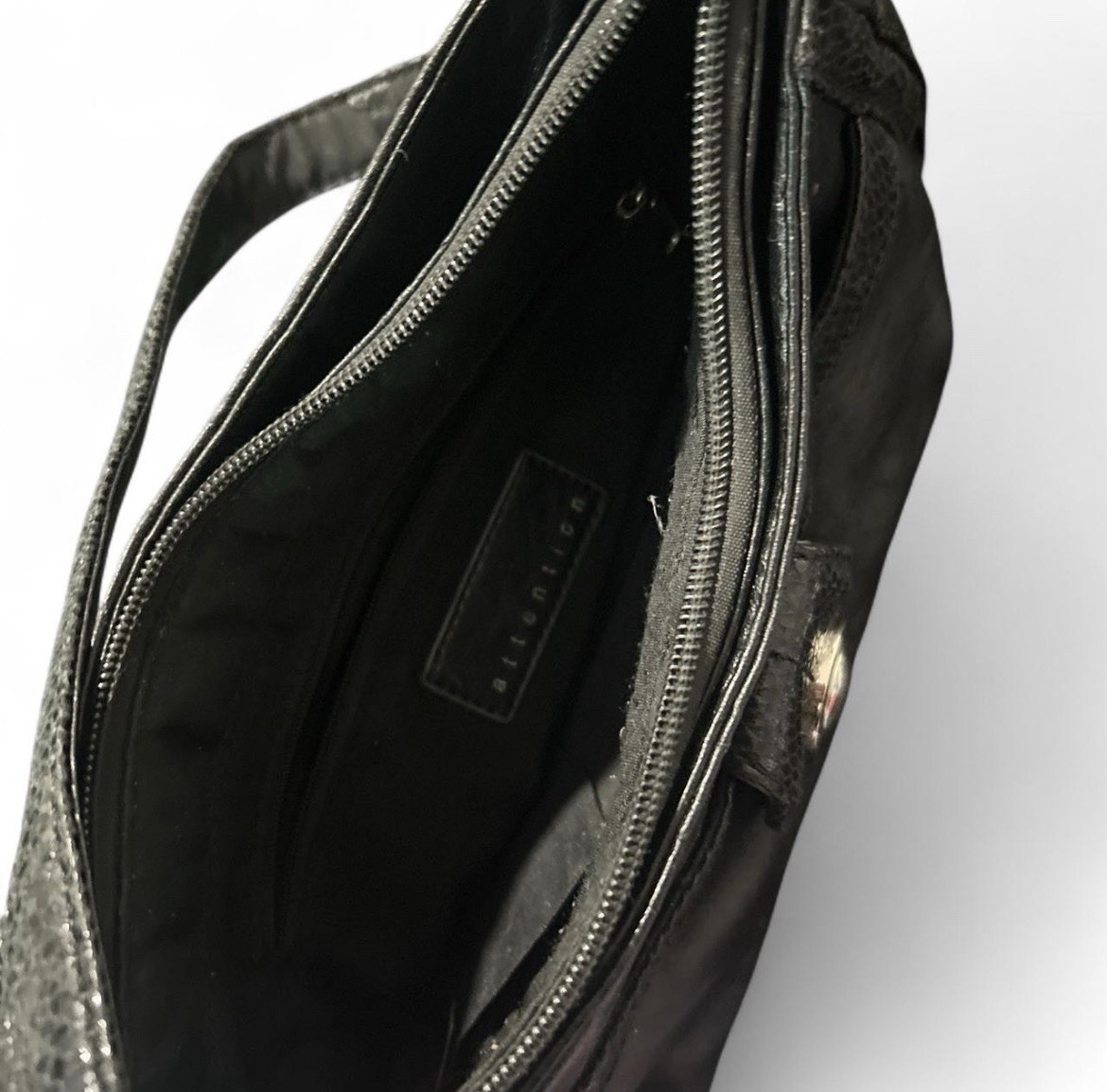 Black Small Crescent Shoulder Bag Zip Turn Lock Silver Lined Detach Strap