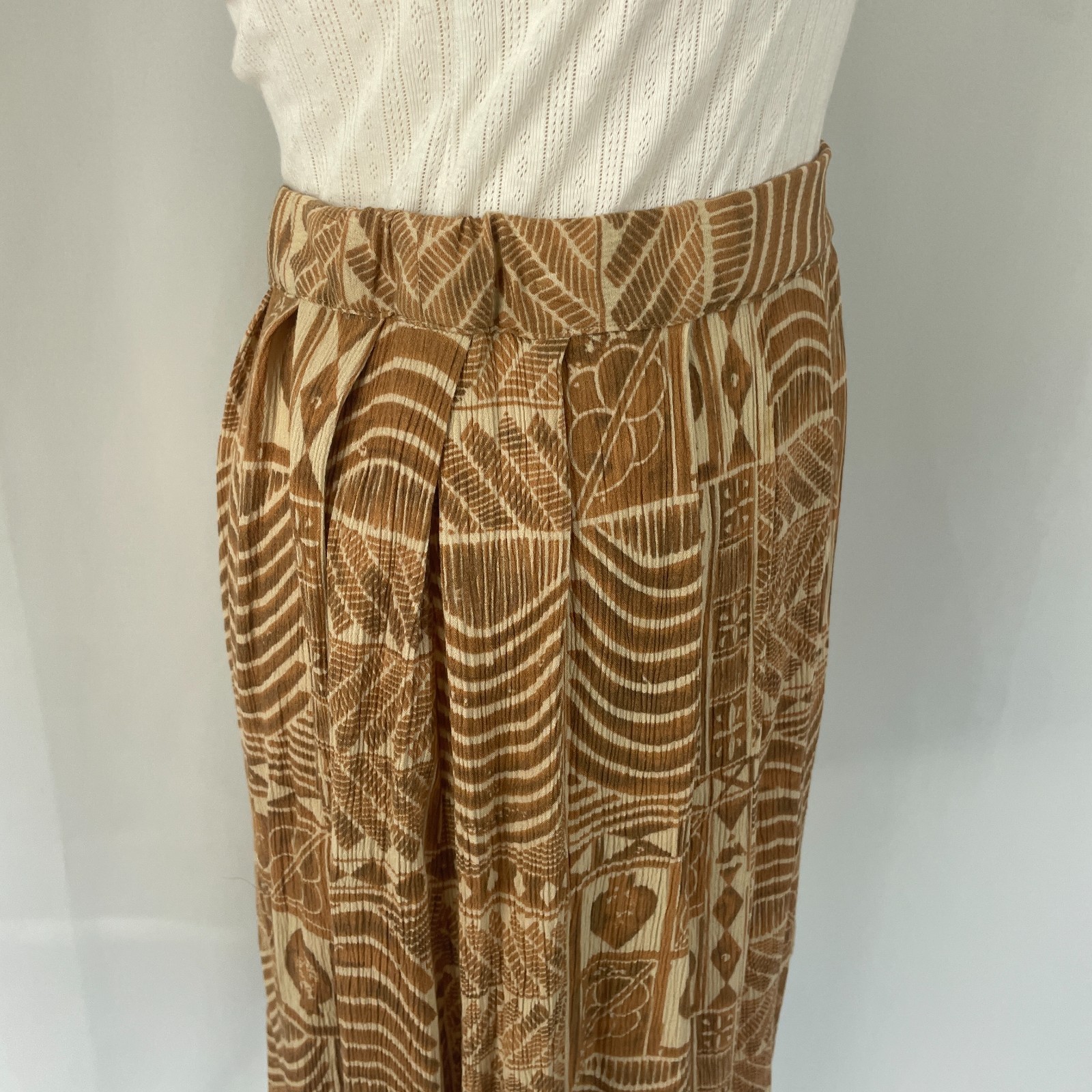 Vintage A Line Mini Skirt Small Brown Tan Tribal Boho Lagenlook Pleated Skater