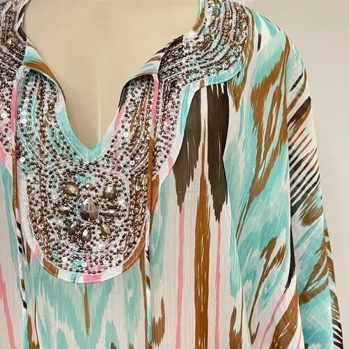 Beach Inc Boho Beaded Sheer Top Swim Cover Up Resort Wear Tan Turquoise Vacay S