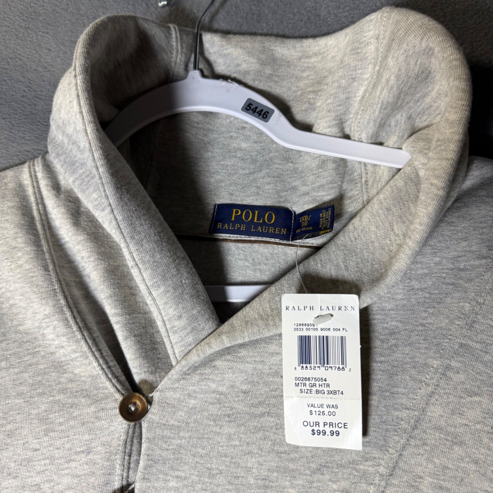Polo Ralph Lauren Mens 3XB Shawl Collar Sweatshirt Grey Elbow Patches NWT