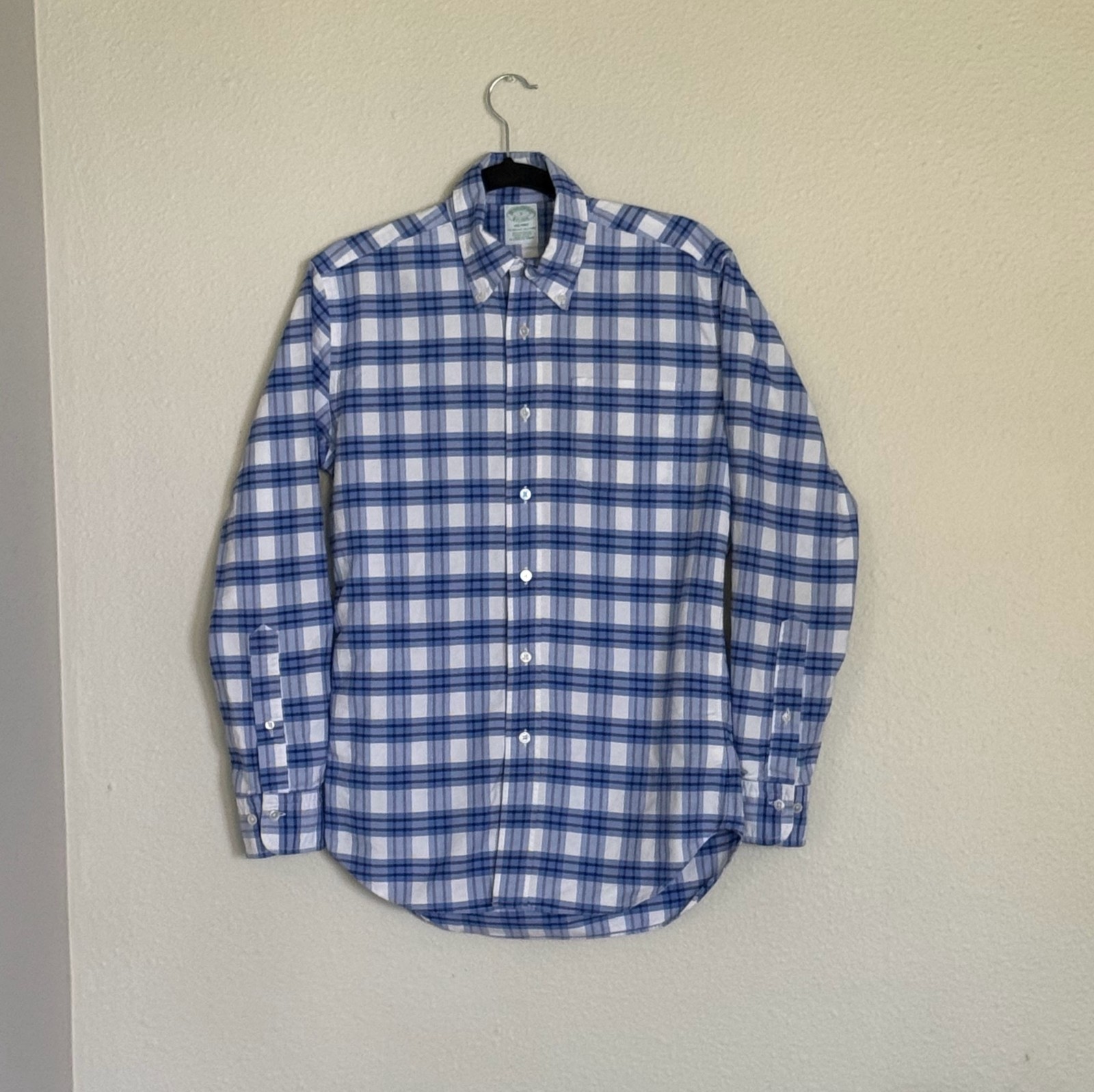 Brooks Brothers Milano Shirt S Small Blue Plaid Supima Cotton Made in USA Slim
