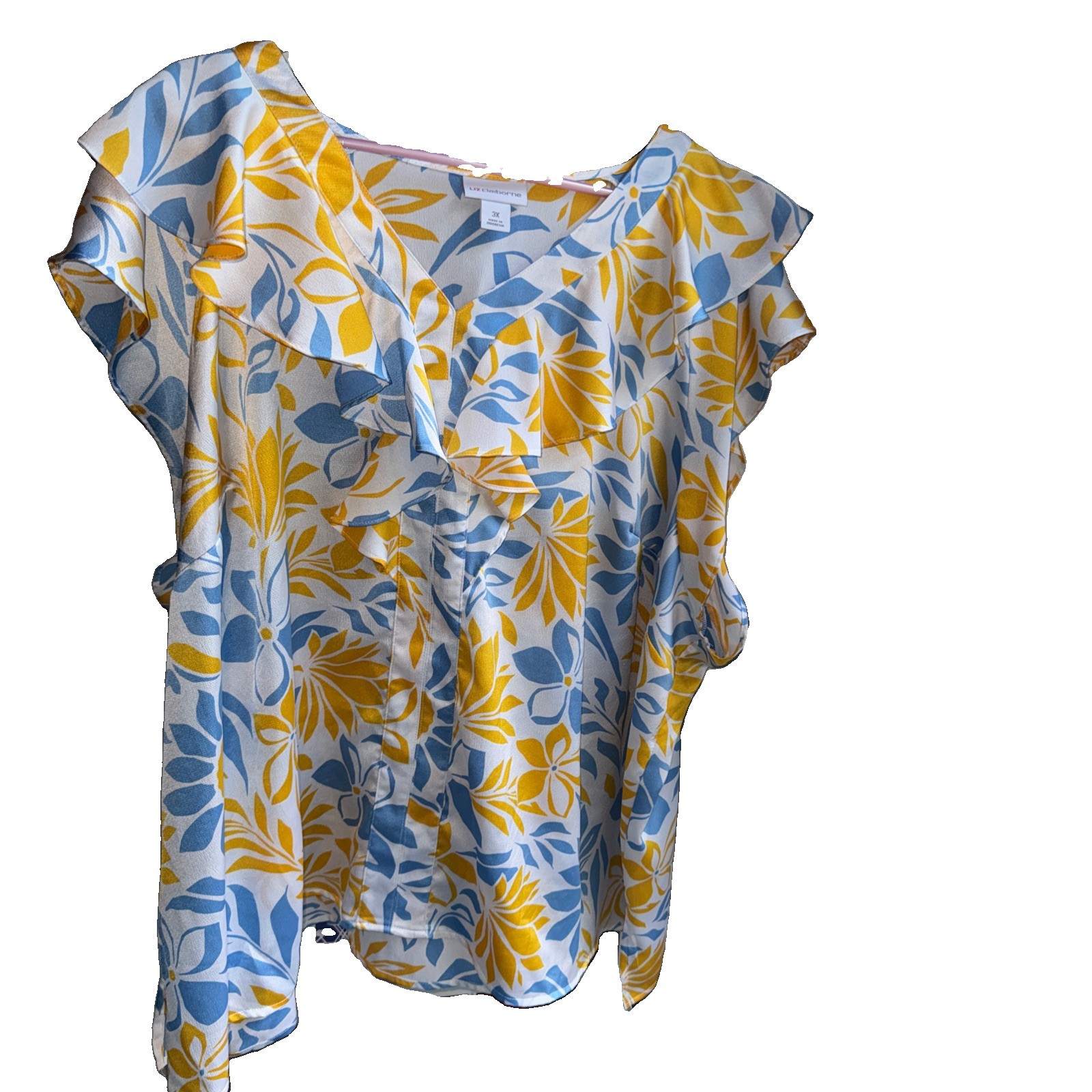 Liz Claiborne Plus Size 3x Blouse Yellow and Light Blue Floral On White EUC