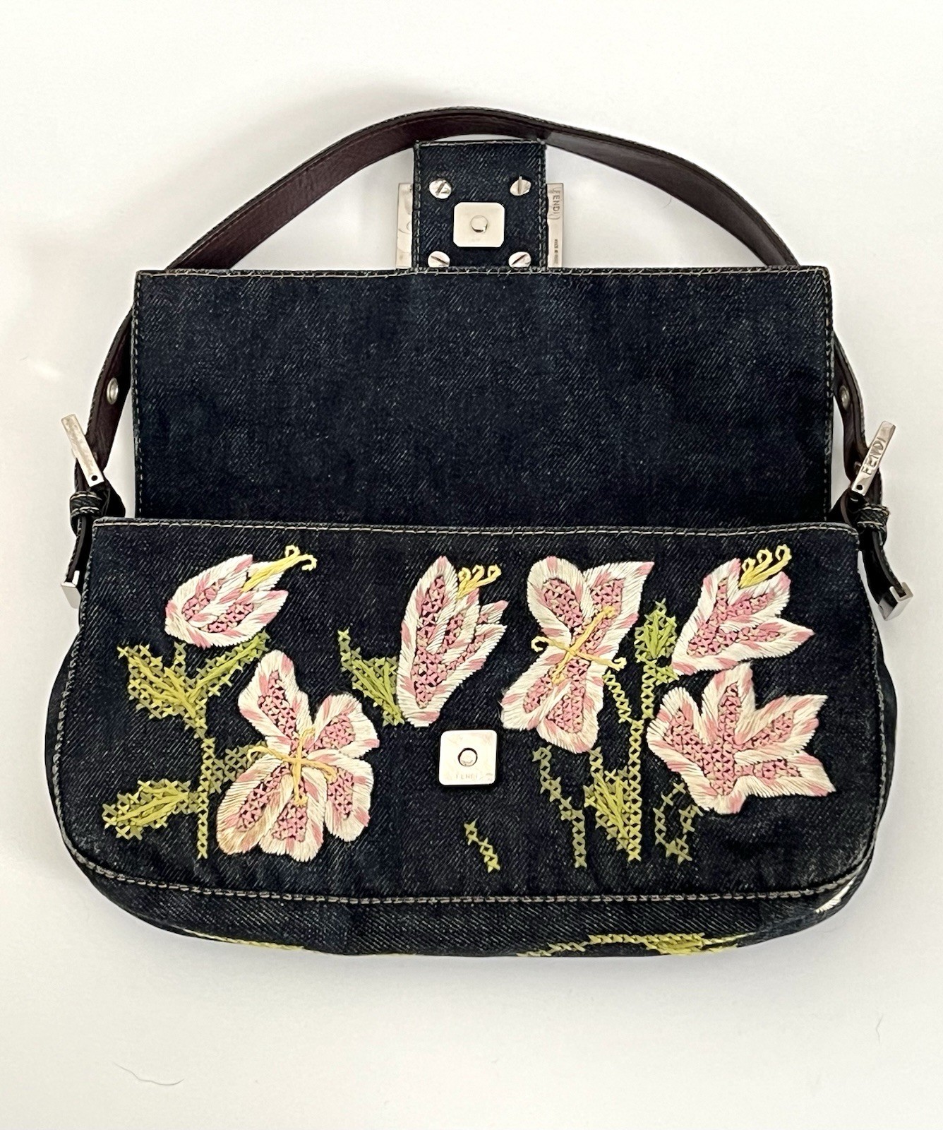Authentic Vintage Fendi Y2K Indigo Denim Floral Embroidered Baguette Handbag