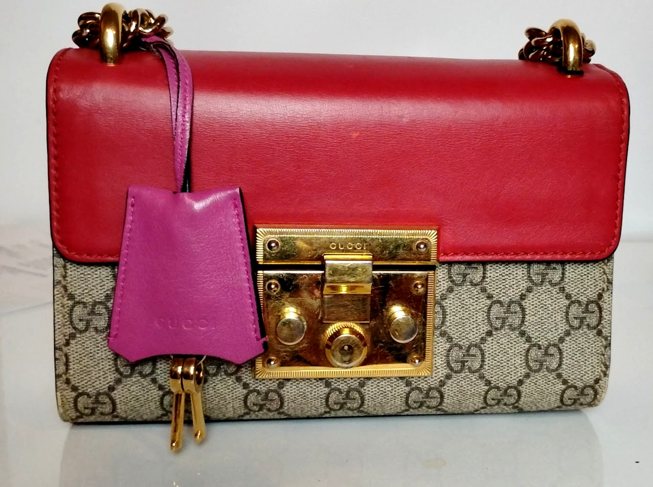 Gucci Padlock GG Supreme Small Shoulder Bag Canvas Red Leather Chain 409487 COA