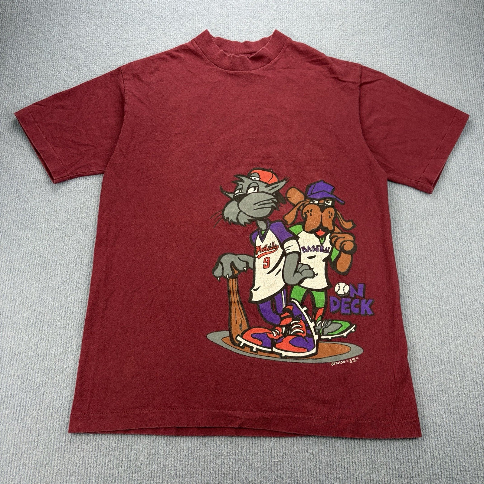 Vintage 1993 Single Stitch Cat N Dog Baseball Cartoon T Shirt Size M USA