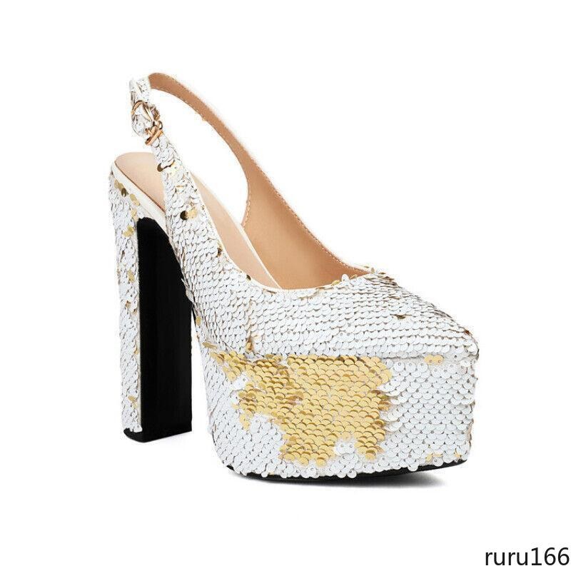 Women Sequin Platform Slingback Square Toe Block High Heel Buckle Pumps shoes