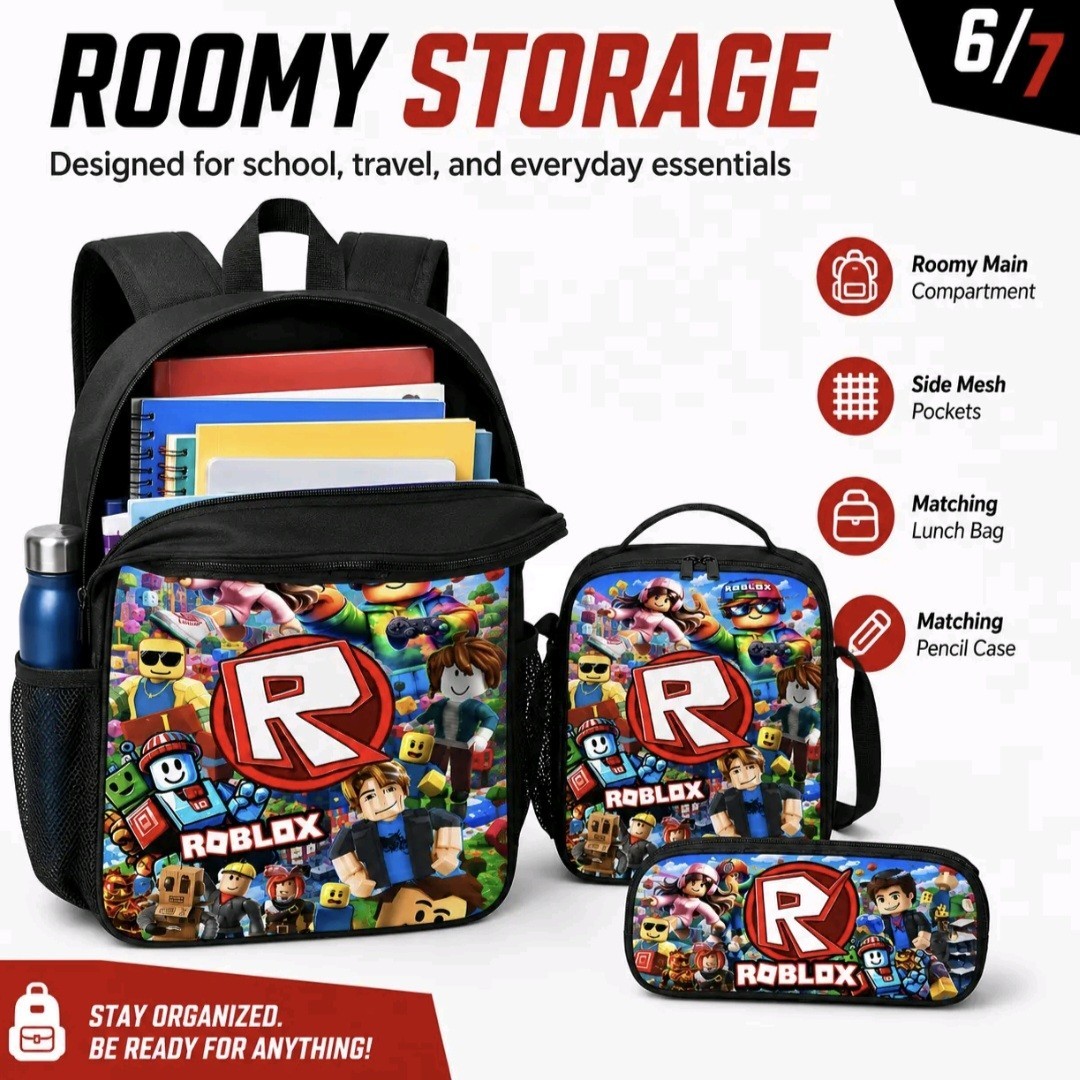 3 Pcs Boys Roblox School Backpack Set- Bag With Lunch Bag & Pencil Case – 3 In 1