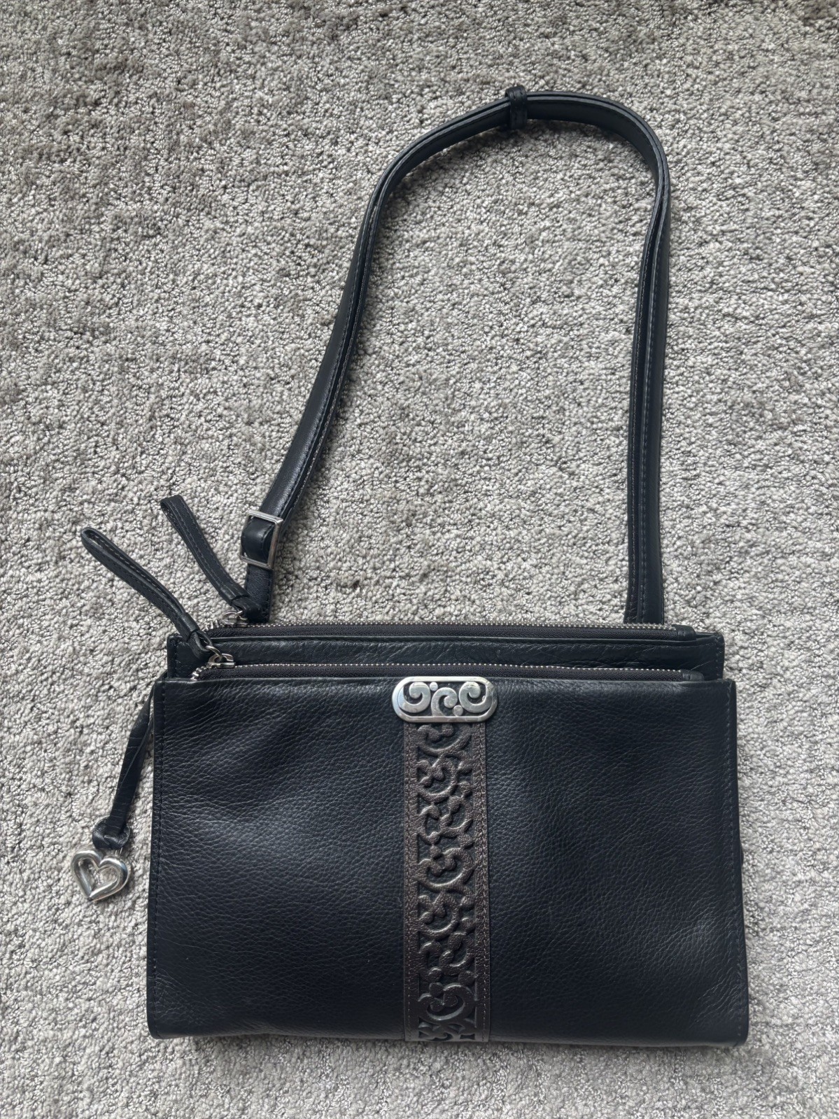 BRIGHTON BLACK LEATHER CROSSBODY ORGANIZER W/ BROWN FILIGREE FRONT PANEL