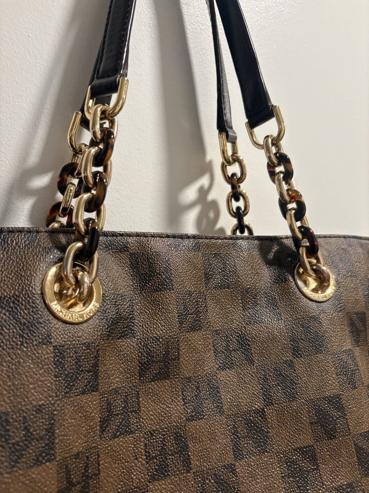 Michael Kors Brown Check Tote Bag Zip Closure Gold Hardware Chain Double Handles