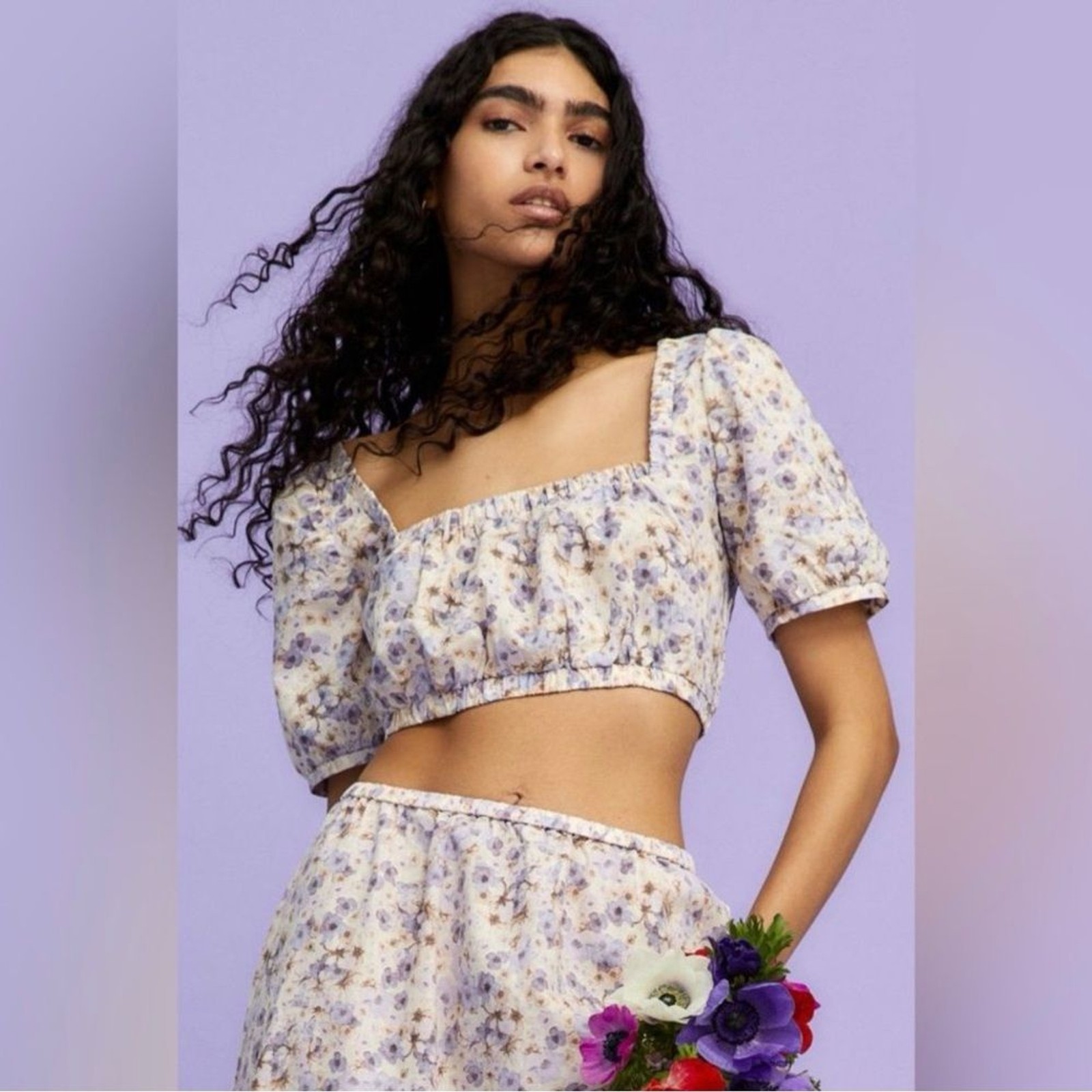 H&M Purple Floral Square Neck Crop Top