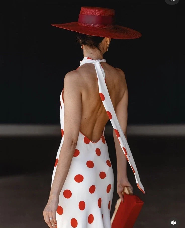 ZARA NEW WOMAN SS26 POLKA DOT HALTER MIDI DRESS White / Red 5029/263