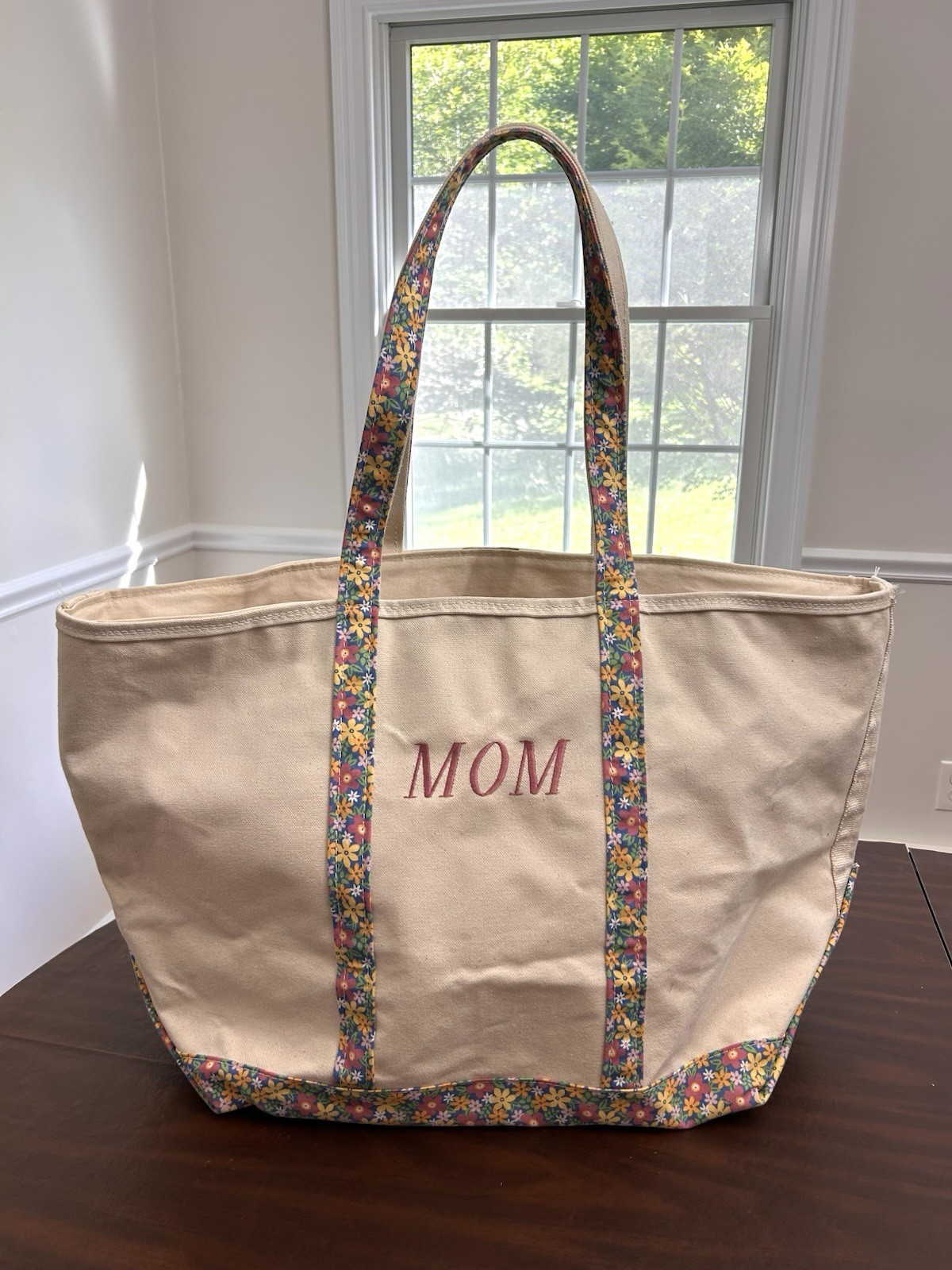 Canvas Large Tote With Floral & Mom Accents