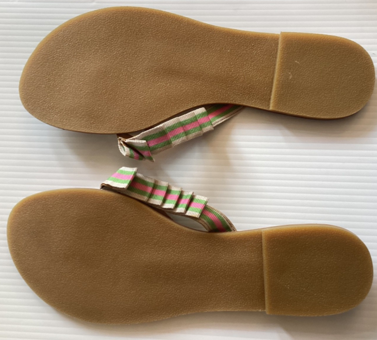 Talbots FLIP FLOPS Ribbon Ruffle GREEN PINK TAN Stripe SANDAL Thong WOMEN Size 8