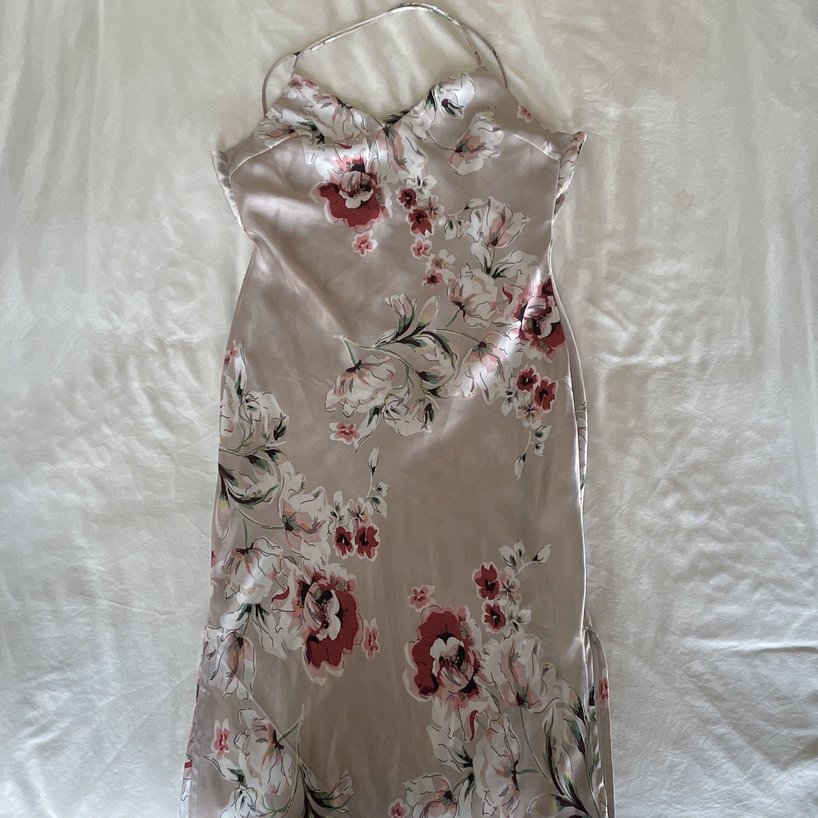 SHEIN Satin Floral Halter Gown Size S Beige Multicolor Sleeveless Strap Accent