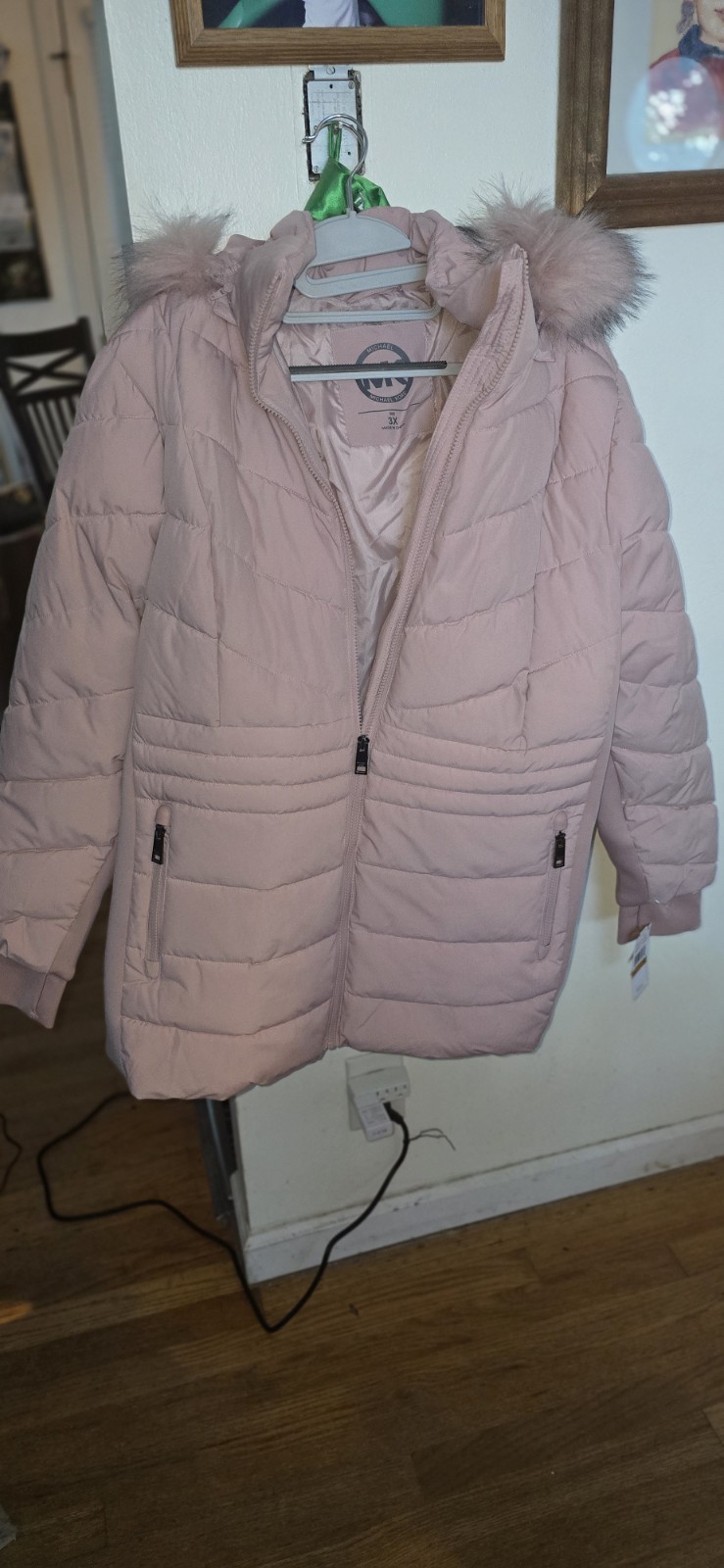 Michael Kors Women’s Pink Puffer Jacket Hooded Faux Fur Trim Full Zip 3X