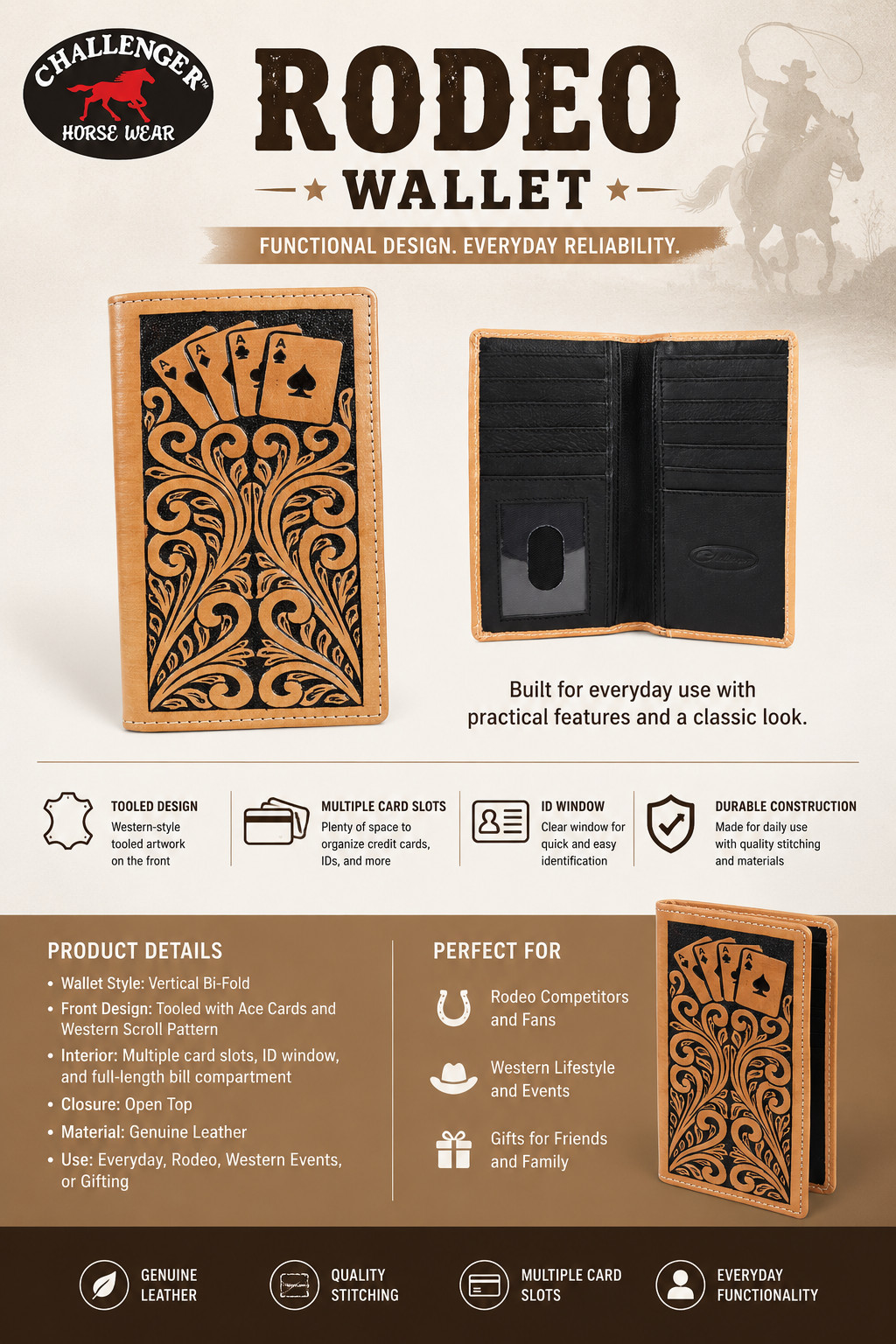 Challenger Men’s Rodeo Wallet Long Western Hand-Tooled Leather Poker Aces