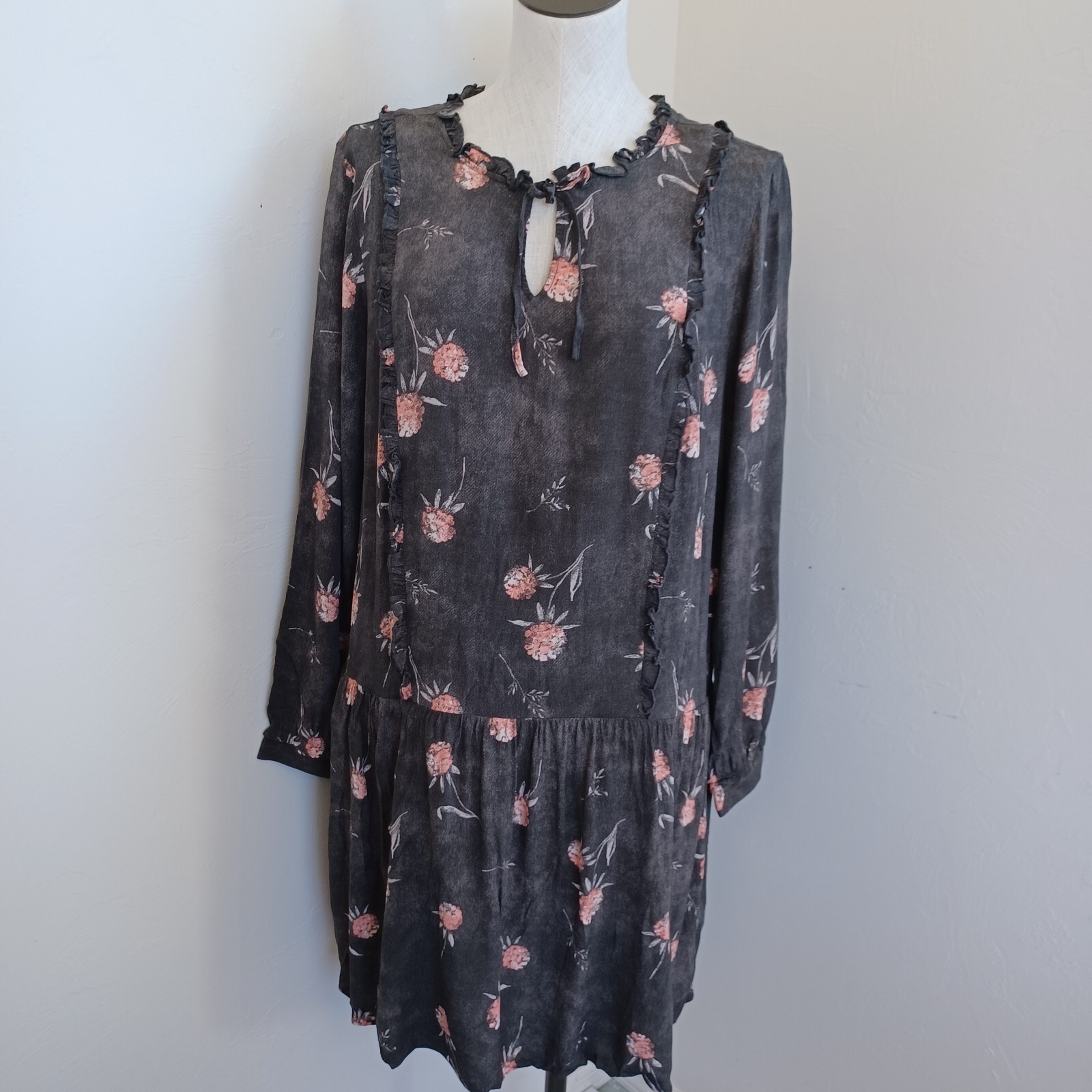 Caslon Dress Womens Med Brown Pink Floral Long Sleeve Drop Waist Tie Neckline