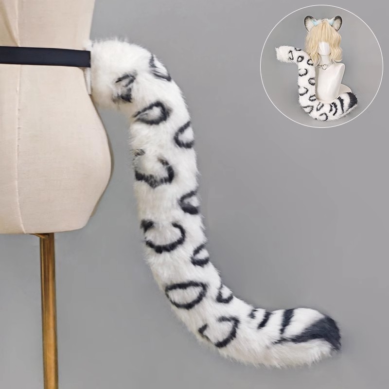 Snow Leopard Ears Headgear Headpiece 80cm Plush Tail Halloween Cosplay Prop Gift