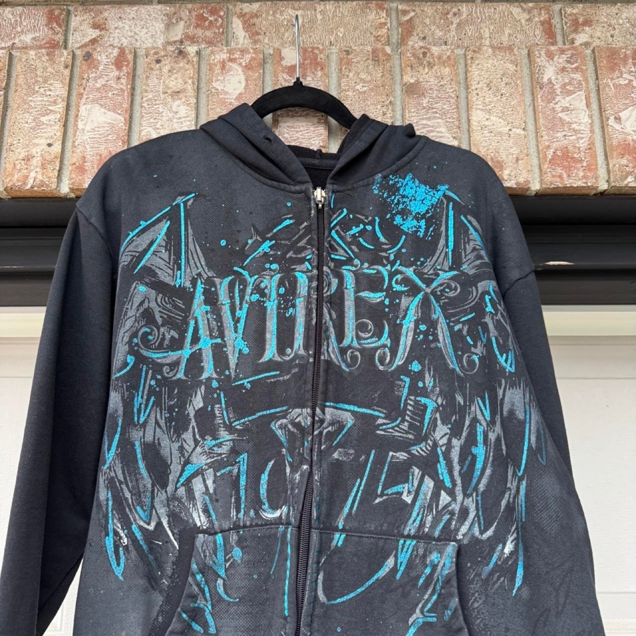 BLACK 00s AVIREX WING GRAPHIC ZIP UP HOODIE