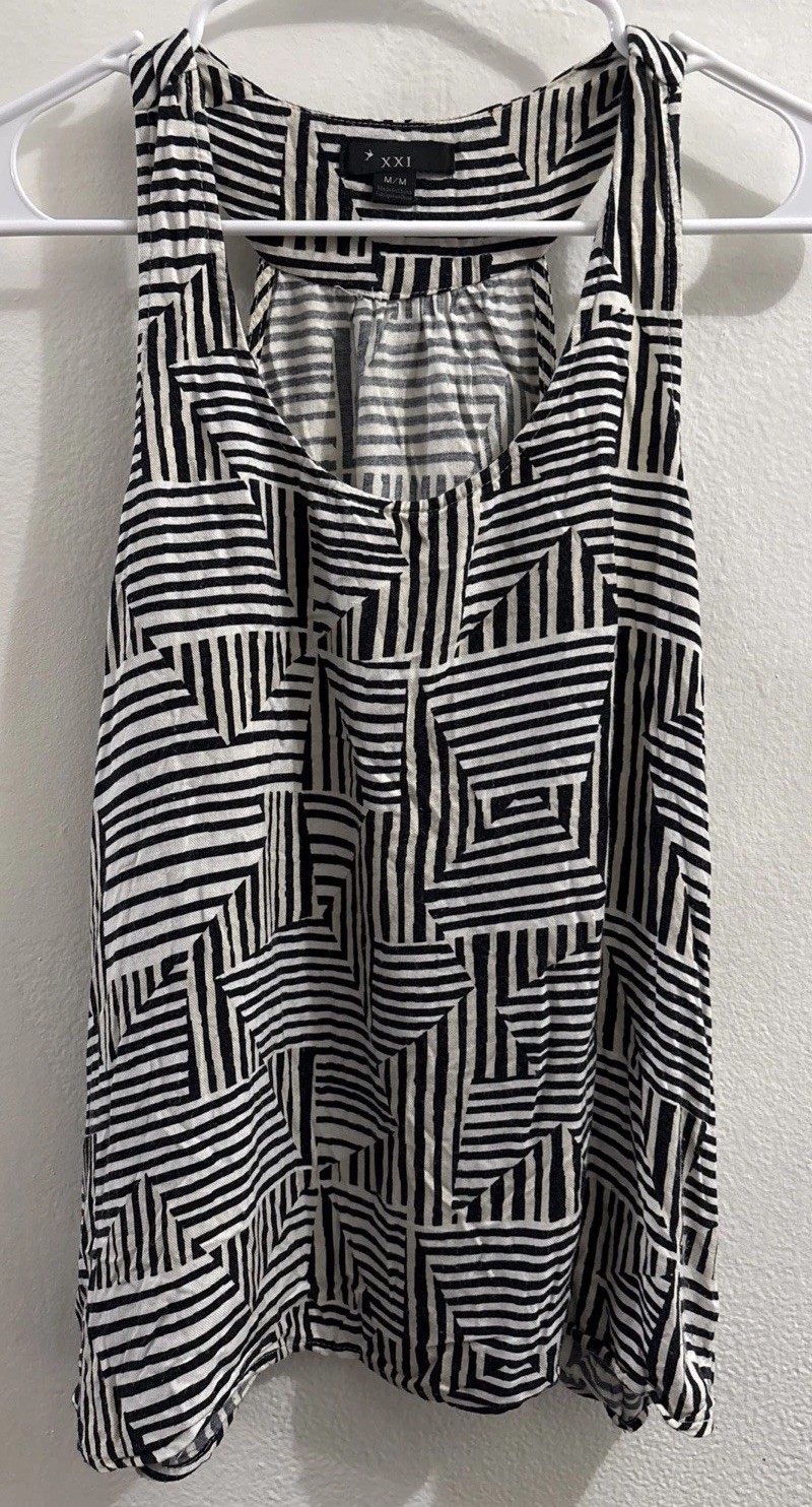 Forever 21 Women’s Black & Beige Abstract Stripes Racerback Tank Top Shirt Sz M