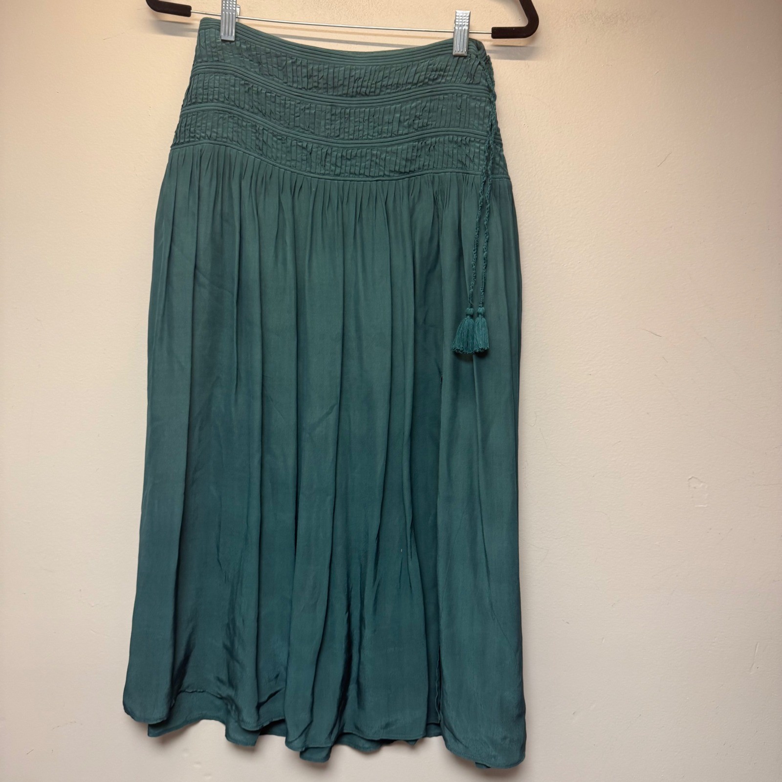 Sea New York Midi Skirt Womens 0 Teal Green Excellent Smocked Tassel Boho 9287