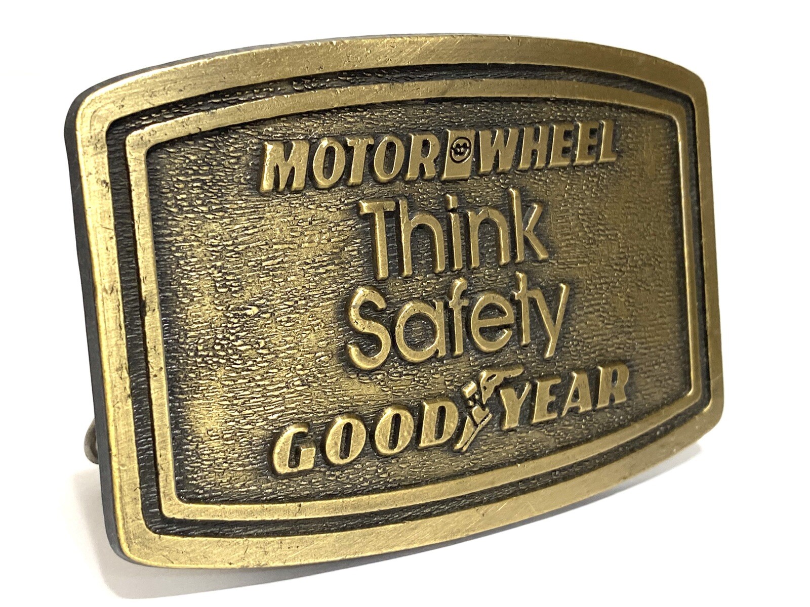 VTG Motor Wheel Good Year Auto Brass USA Belt Buckle Think Safety ENGRAVABLE!
