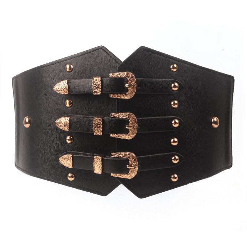 Women Black Wide Faux Leather Belt Elastic Stretch Corset Punk Rivet Waistband