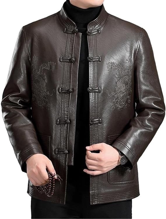 Chinese Style Faux Leather Tang Jacket Men’s Knot Button Embroidered Coat – OB