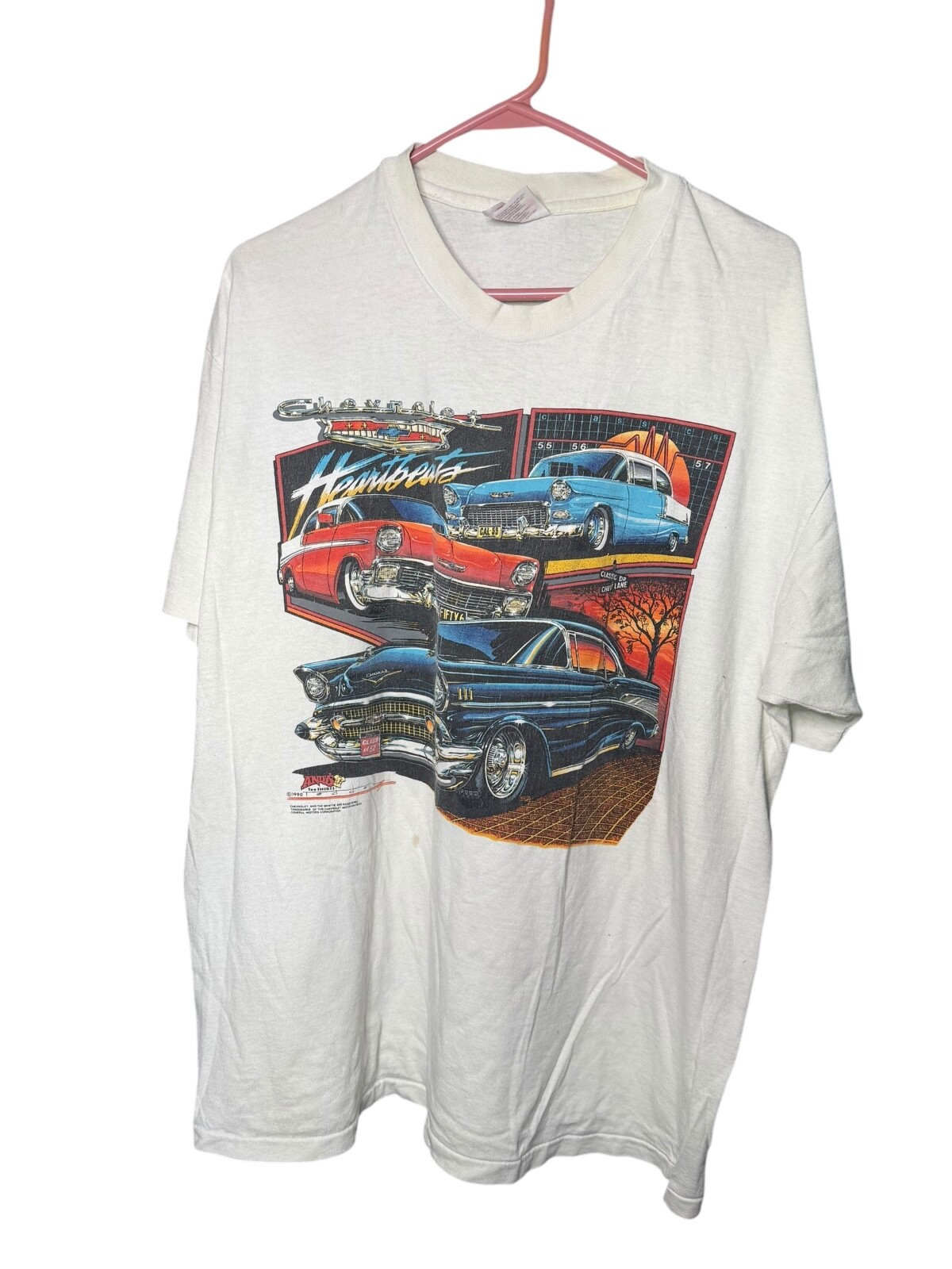 90s Hanes USA Made Chevrolet Hot Rod T-Shirt-XL Classic Cars Graphic Tee STAIN