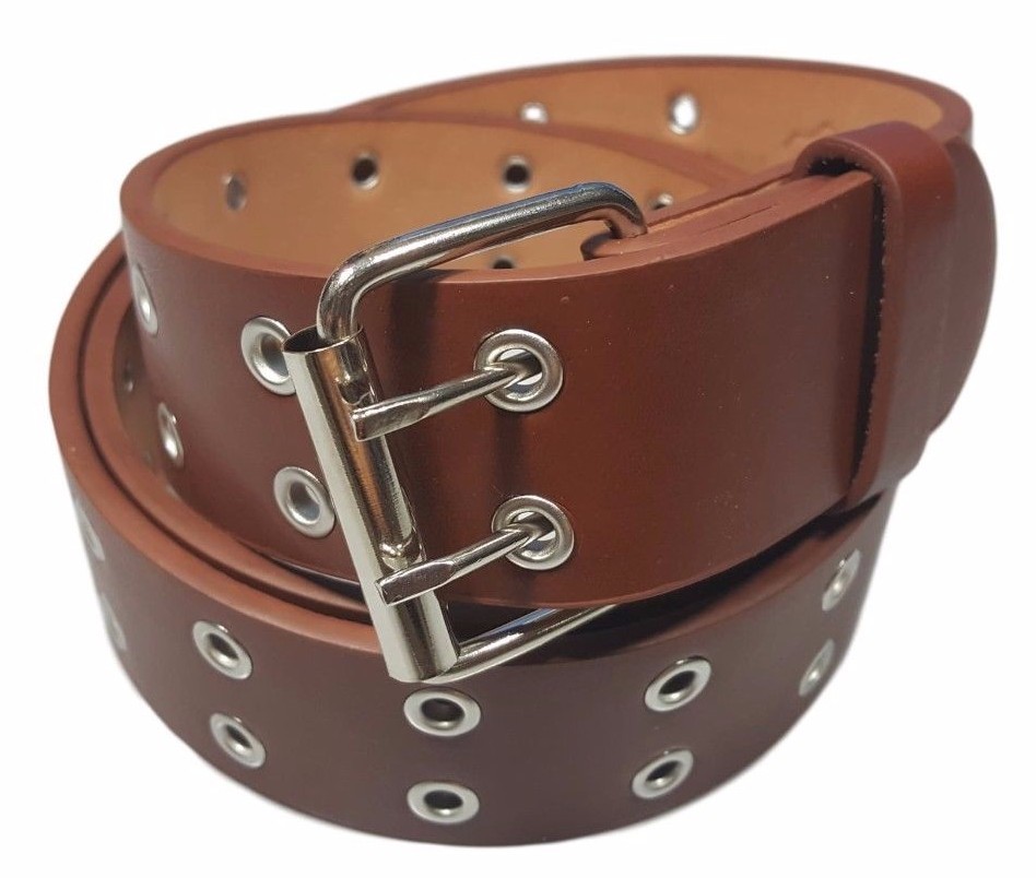Men’s Women’s Leather Two Rows Silver Grommet Double Holes Brown Belt All Sizes
