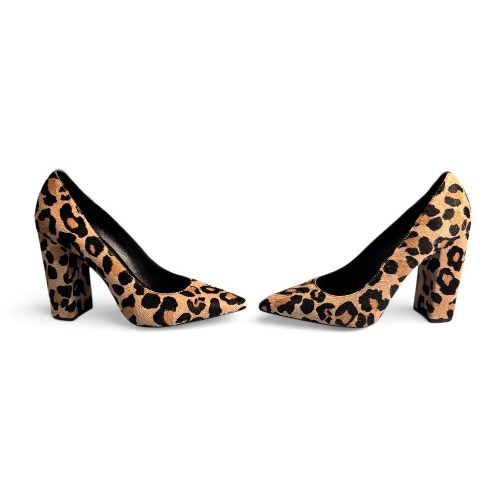 Pour La Victoire Celina Leopard Print Calf Hair Block Heel Pumps Size 5.5