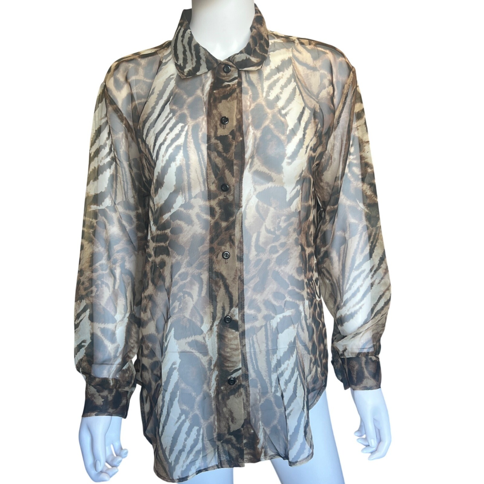 Via Max Sheer Leopard & Zebra Print Button-Up Blouse Vintage Womens Small